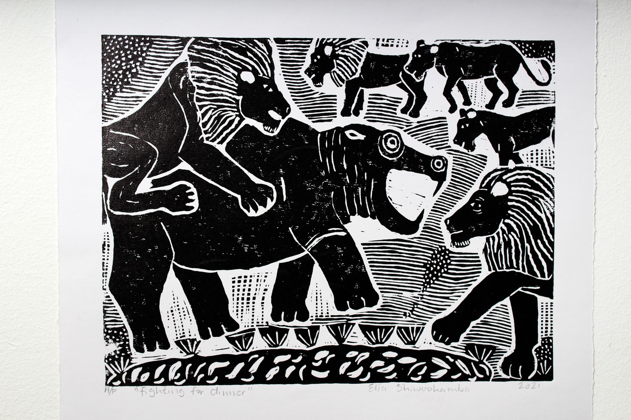 Fighting for dinner, Elia Shiwoohamba, Linoleum block print on paper For Sale 1