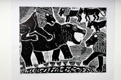 Fighting for dinner, Elia Shiwoohamba, Linoleum block print on paper