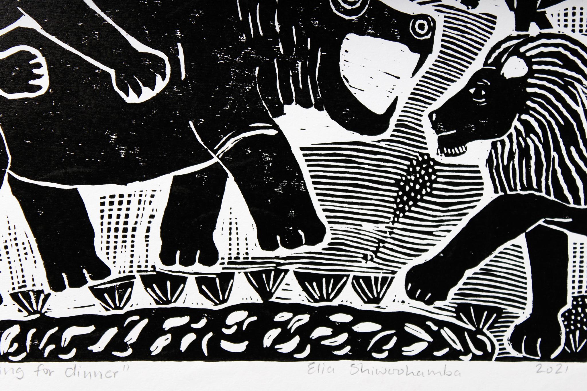 Fighting for dinner, Elia Shiwoohamba, Linoleum block print on paper For Sale 2