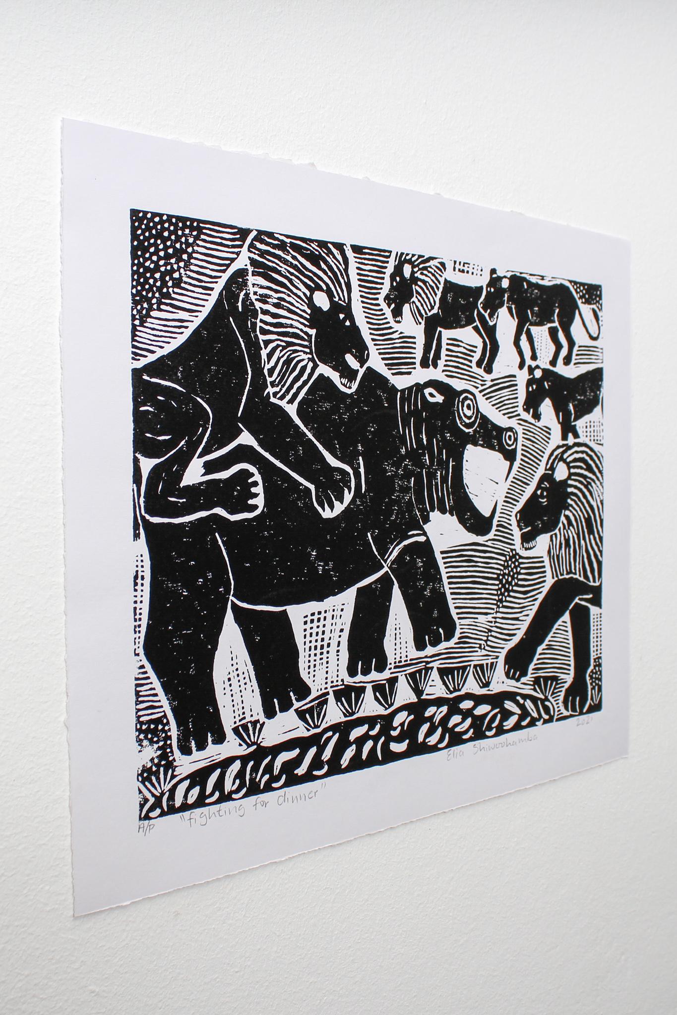 Fighting for dinner, Elia Shiwoohamba, Linoleum block print on paper For Sale 3
