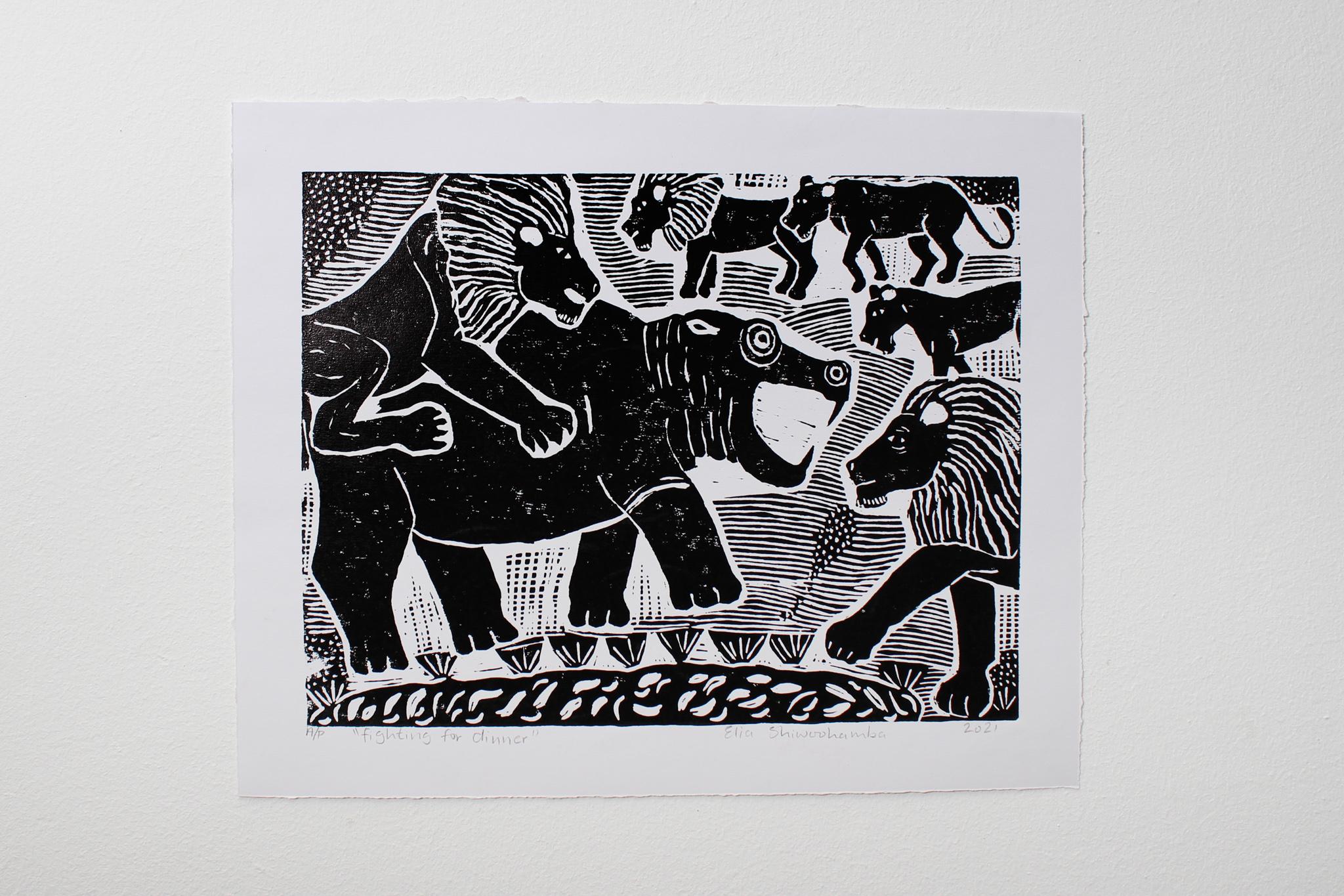 Fighting for dinner, 2021. Linoleum block print on paper. Unlimited Edition.

Elia Shiwoohamba was born in 1981 in Windhoek, Namibia. He graduated from the John Muafangejo Art Centre in Windhoek in 2006. Specialising in printmaking and sculpture,
