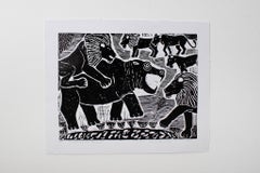 Fighting for dinner, Elia Shiwoohamba, Linoleum block print on paper