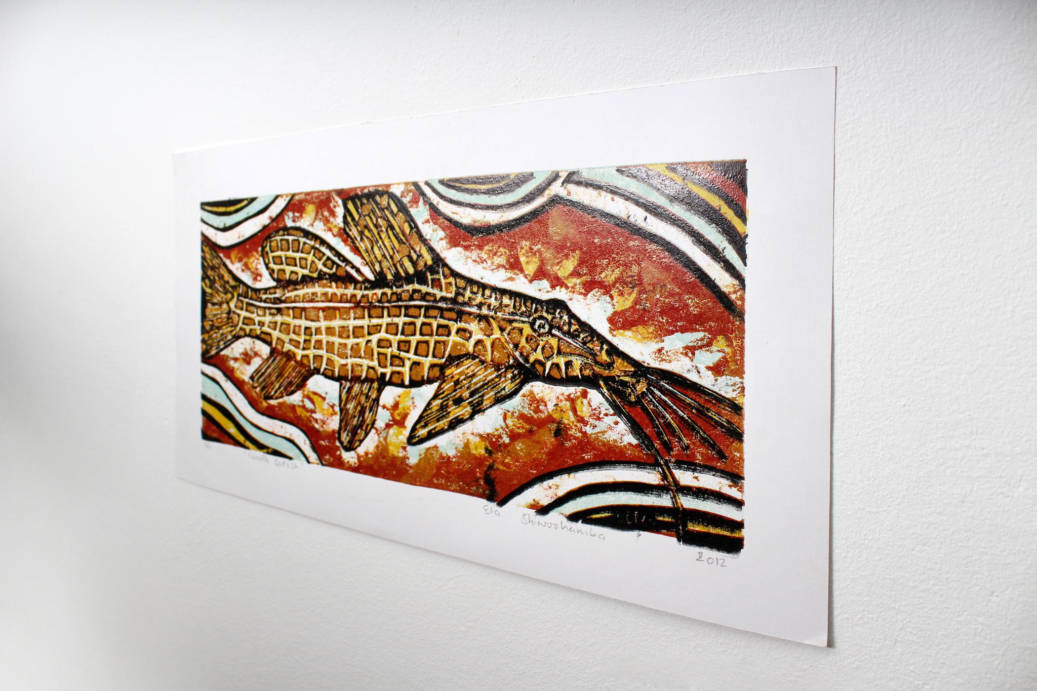 Giraffe catfish, Elia Shiwoohamba, Cardboard block print For Sale 2