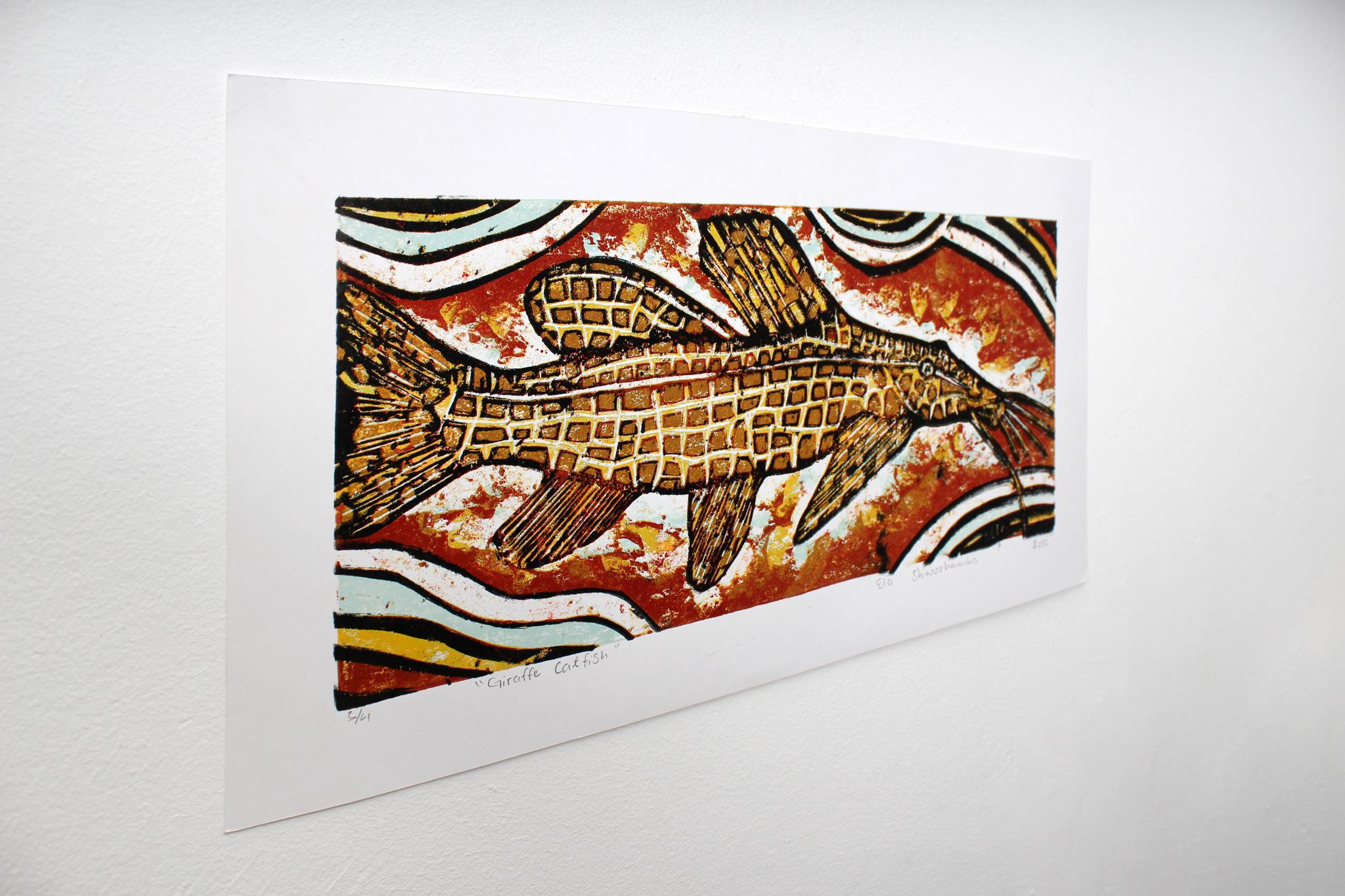 Giraffe catfish, Elia Shiwoohamba, Cardboard block print For Sale 3