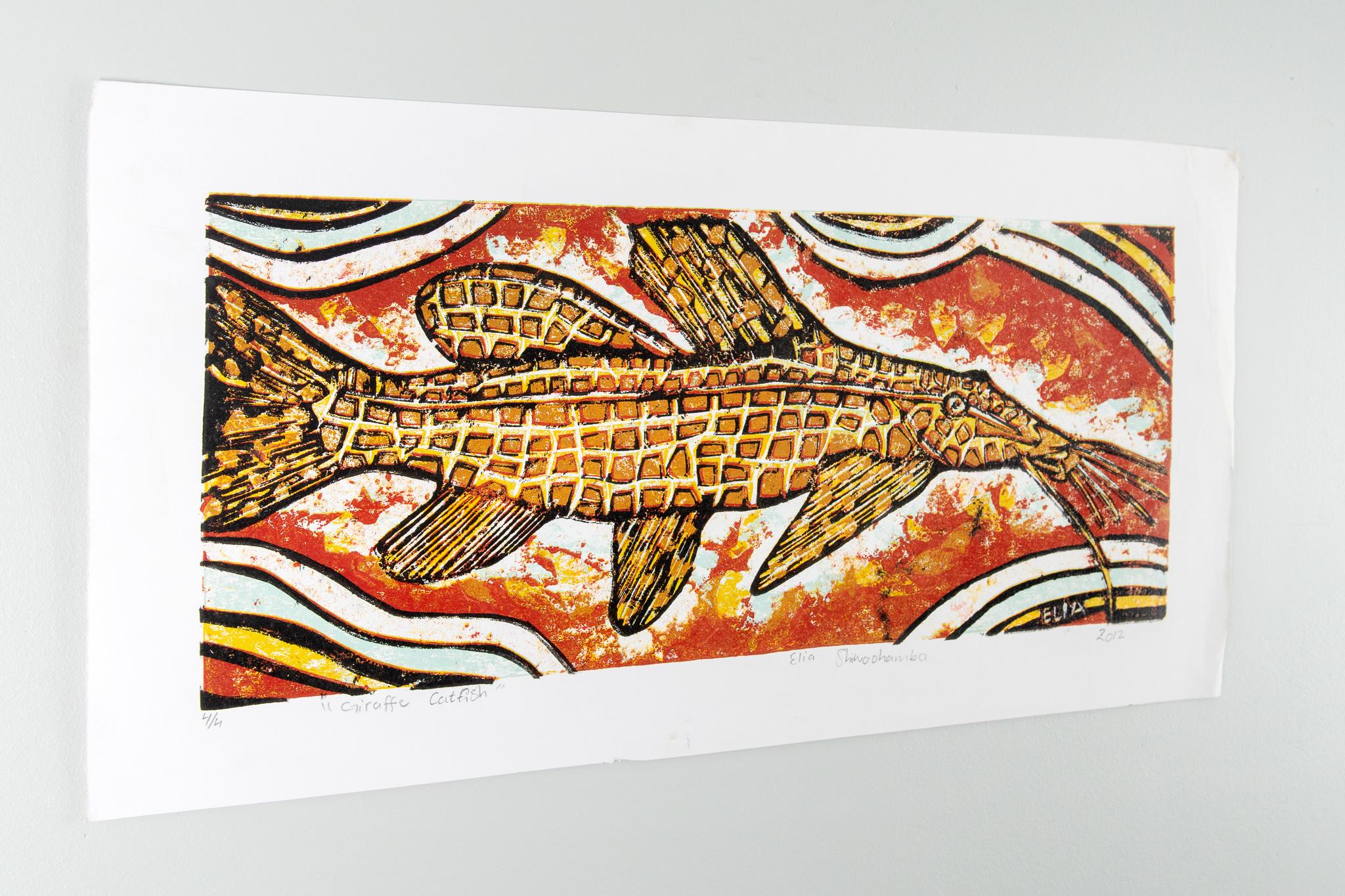 Giraffe Catfish, Elia Shiwoohamba, Cardboard print on paper For Sale 1