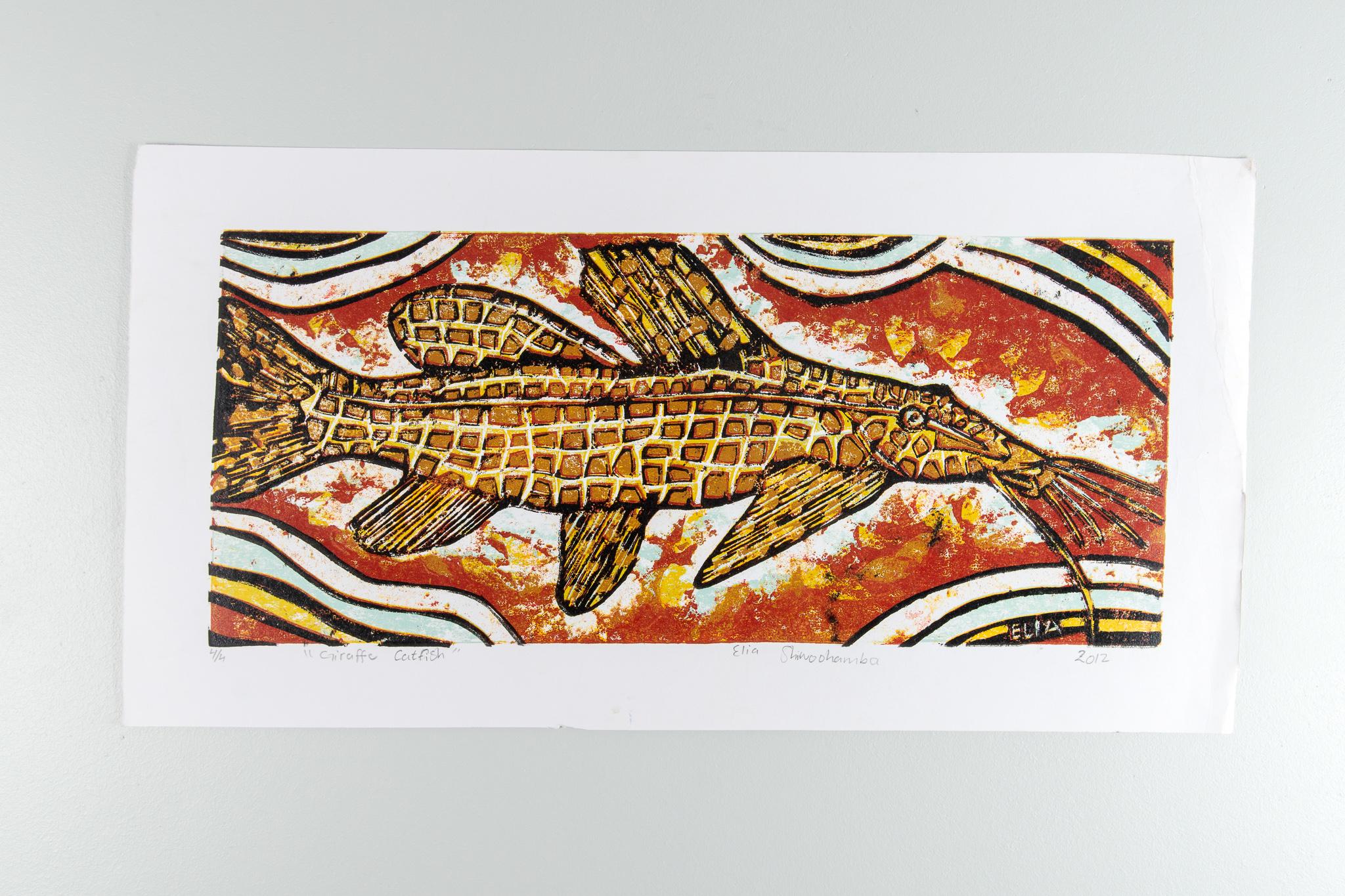 Giraffe Catfish, Elia Shiwoohamba, Cardboard print on paper