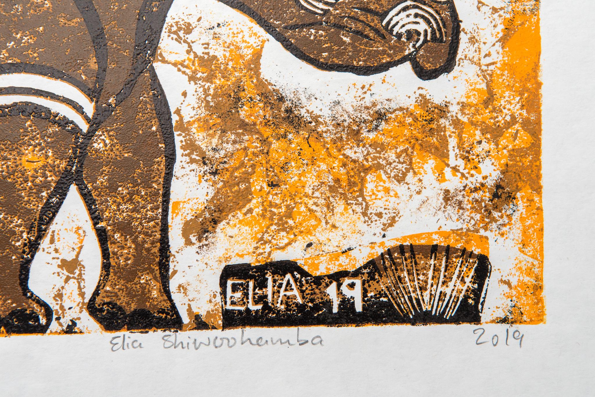 God help the Rhinos of Namibia, 2019. Cardboard print on paper. Edition of 10.

Elia Shiwoohamba was born in 1981 in Windhoek, Namibia. He graduated from the John Muafangejo Art Centre in Windhoek in 2006. Specialising in printmaking and sculpture,