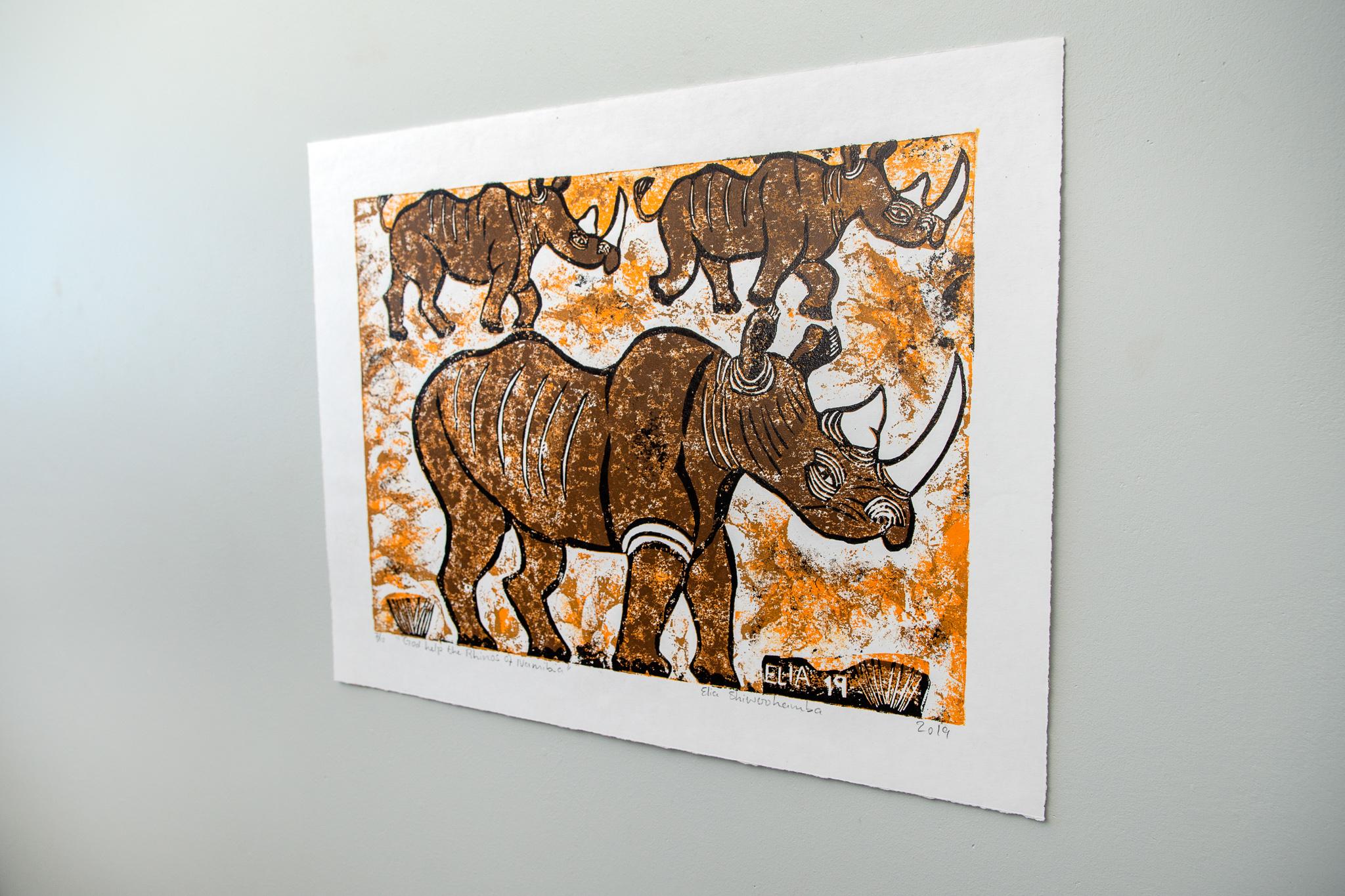 God help the Rhinos of Namibia, Elia Shiwoohamba, Cardboard print on paper For Sale 1