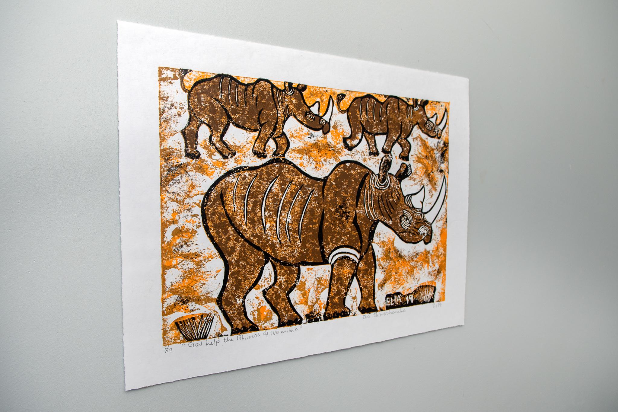 « God help the Rhinos of Namibia », Elia Shiwoohamba, impression de carton sur papier en vente 5