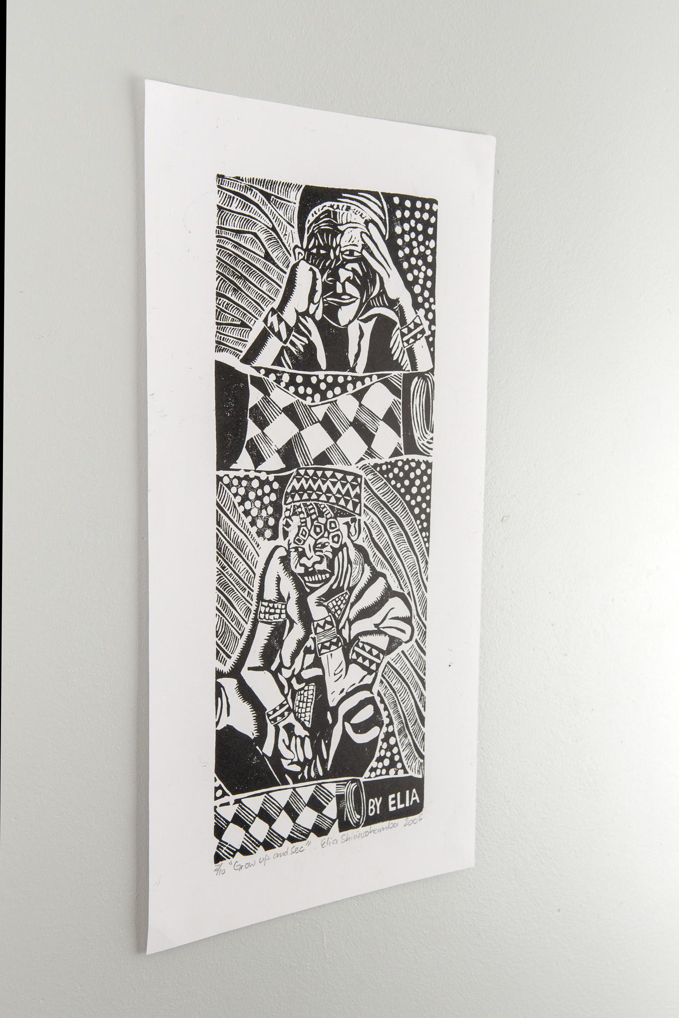 Grow up and see, Elia Shiwoohamba, Linoleum block print on paper For Sale 3
