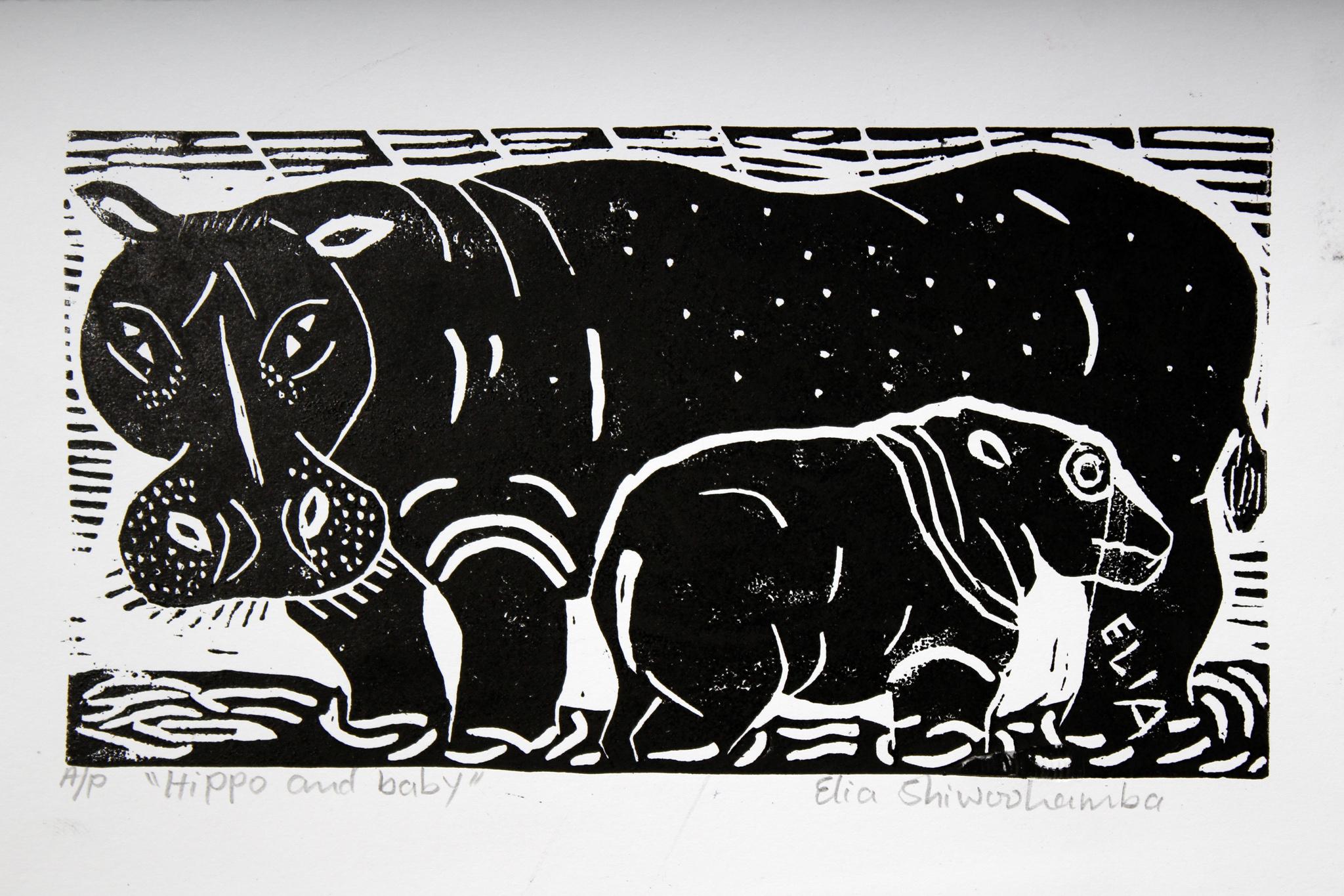 Hippo and baby, Elia Shiwoohamba, Linoleum block print For Sale 1