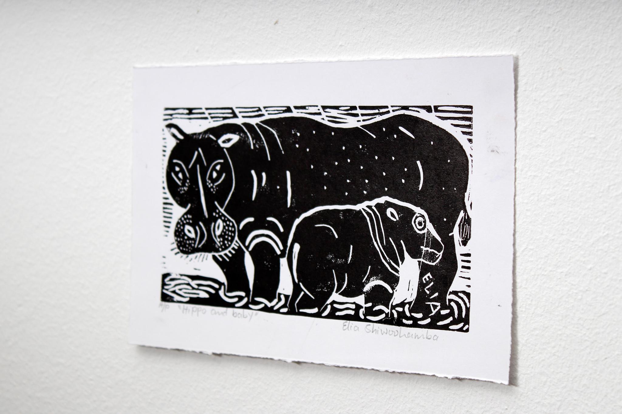 Hippo and baby, Elia Shiwoohamba, Linoleum block print For Sale 2