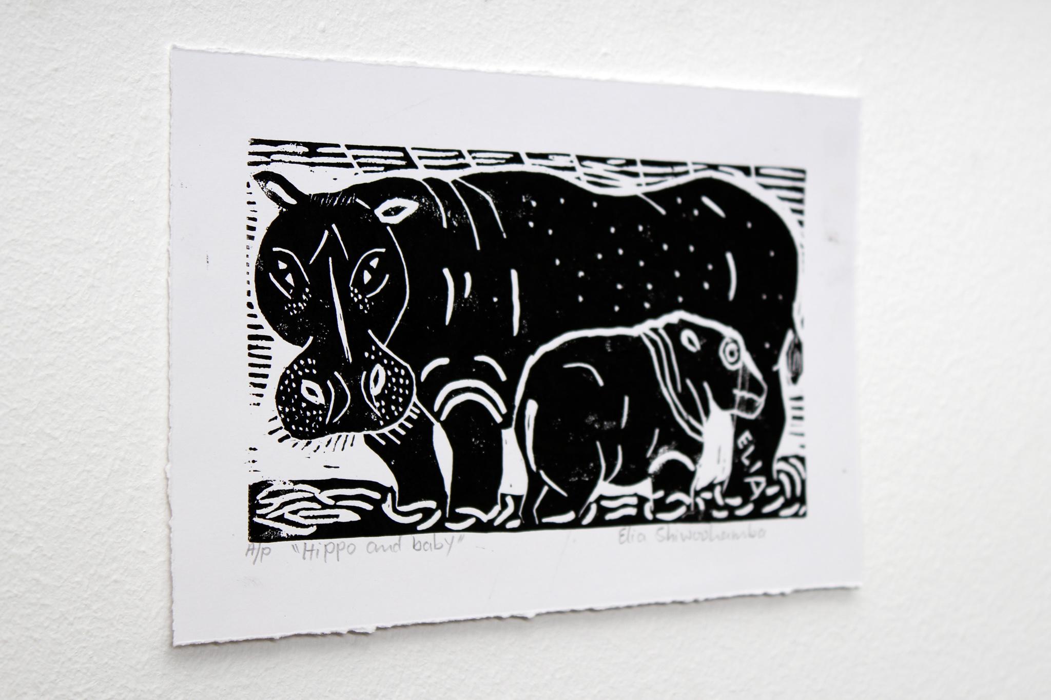 Hippo and baby, Elia Shiwoohamba, Linoleum block print For Sale 3