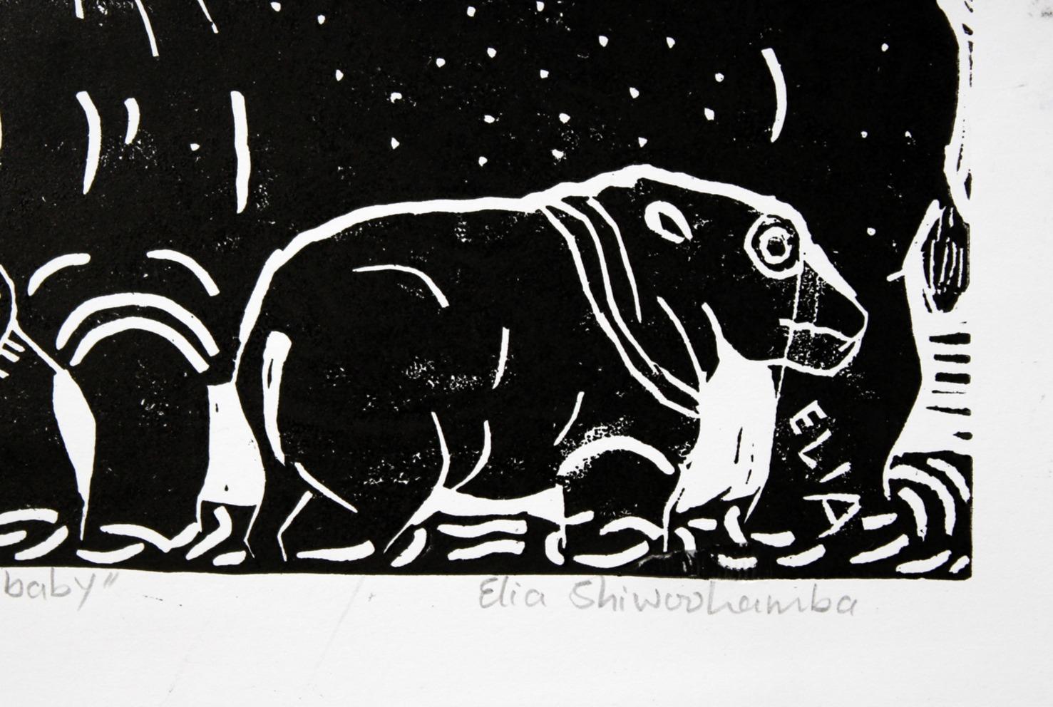 Hippo and baby, Elia Shiwoohamba, Linoleum block print For Sale 4