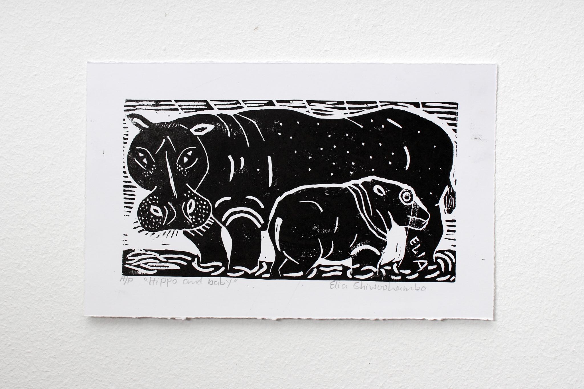 Hippo and baby, Linoleum block prints on paper.

Elia Shiwoohamba was born in 1981 in Windhoek, Namibia. He graduated from the John Muafangejo Art Centre in Windhoek in 2006. Specialising in printmaking and sculpture, Shiwoohamba works as a