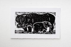 Hippo and baby, Elia Shiwoohamba, Linoleum block print