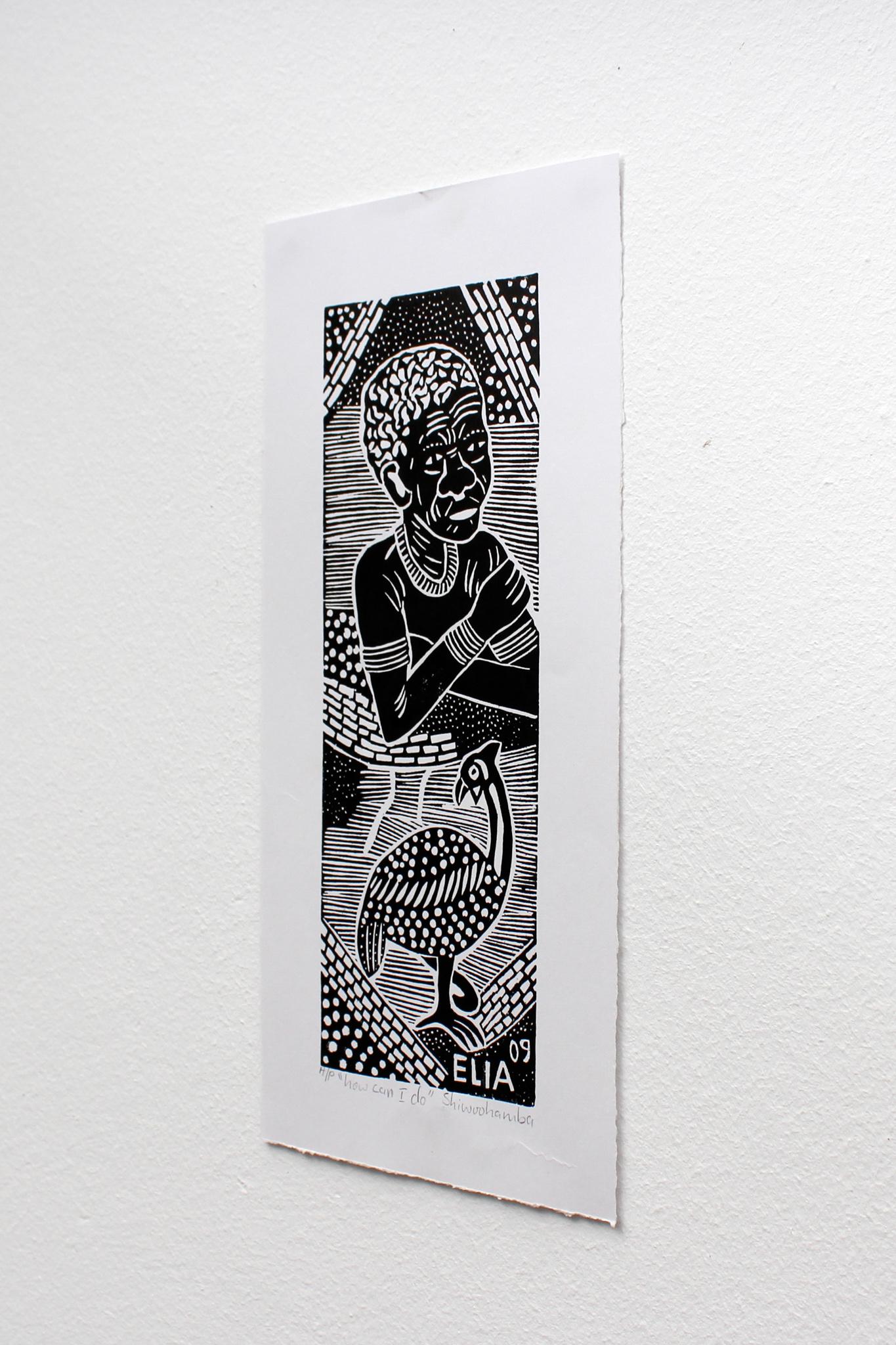 How can I do, 2009. Linoleum block print on paper. Unlimited Edition. 

Elia Shiwoohamba was born in 1981 in Windhoek, Namibia. He graduated from the John Muafangejo Art Centre in Windhoek in 2006. Specialising in printmaking and sculpture,