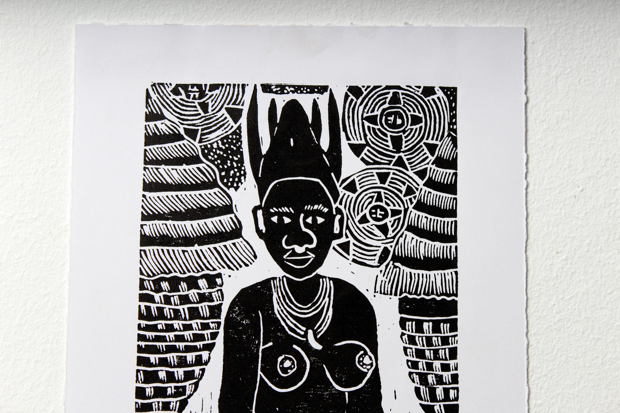 I am sifting mahangu, Linoleum block prints on paper.

Elia Shiwoohamba was born in 1981 in Windhoek, Namibia. He graduated from the John Muafangejo Art Centre in Windhoek in 2006. Specialising in printmaking and sculpture, Shiwoohamba works as a