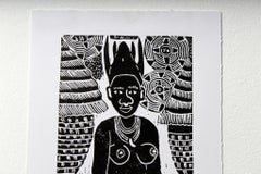 I am sifting mahangu, Elia Shiwoohamba, Linoleum block print
