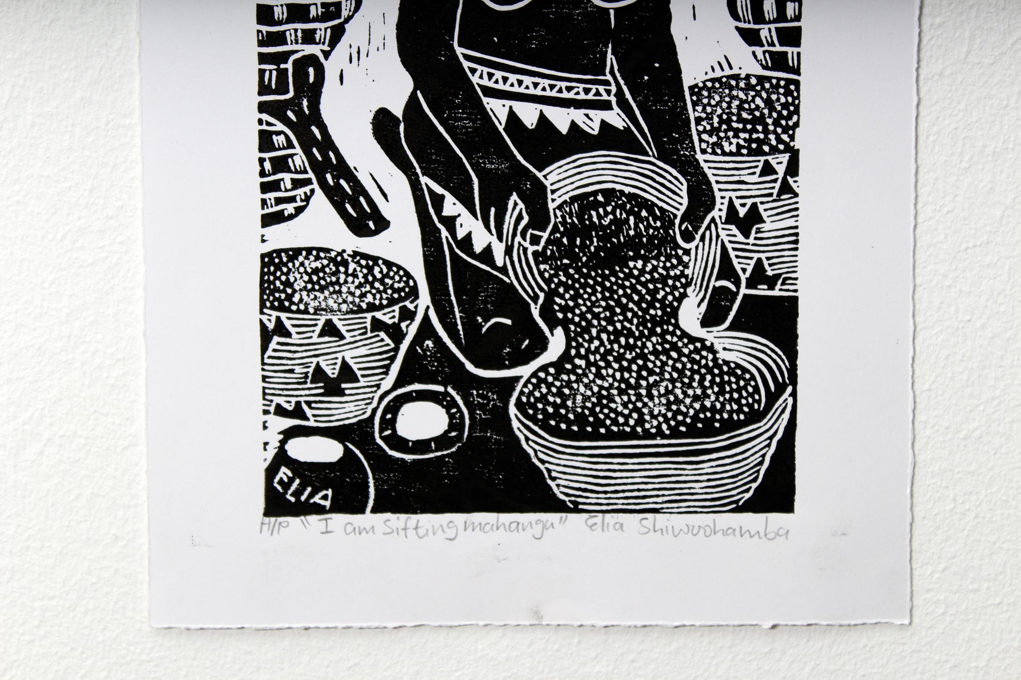 I am sifting mahangu, Elia Shiwoohamba, Linoleum block print For Sale 1