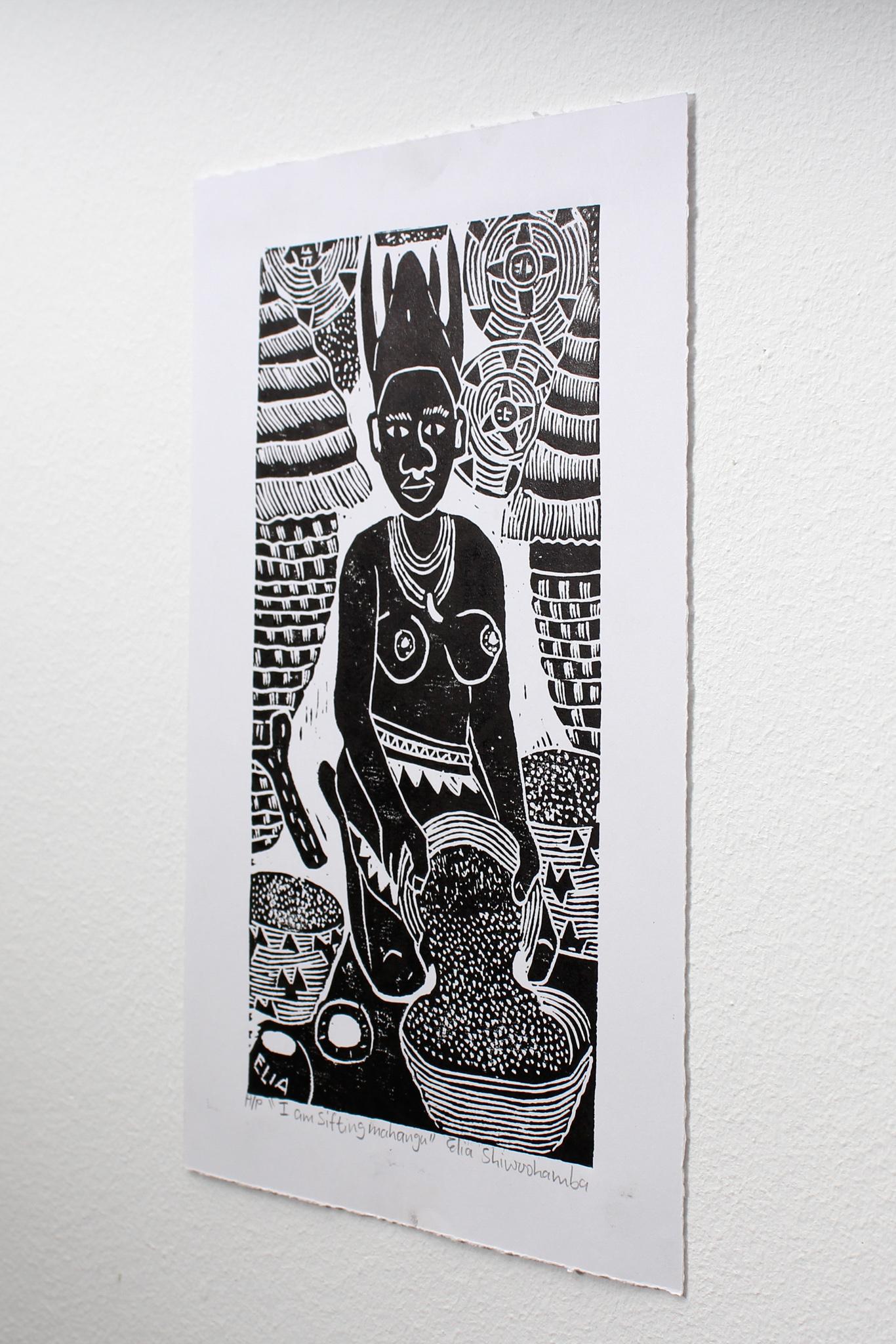 I am sifting mahangu, Elia Shiwoohamba, Linoleum block print For Sale 2