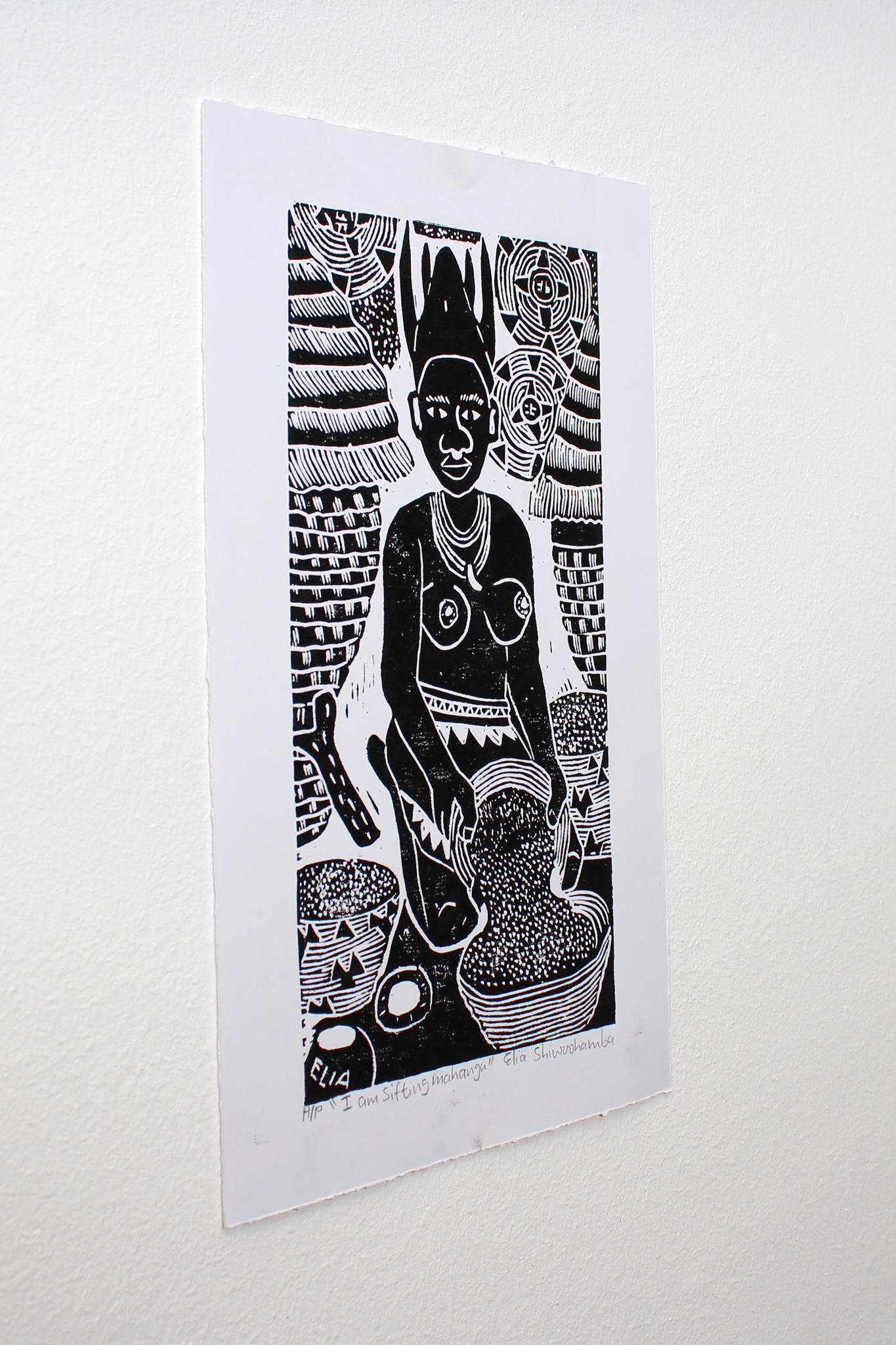 I am sifting mahangu, Elia Shiwoohamba, Linoleum block print For Sale 3