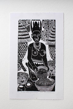 Used I am sifting mahangu, Elia Shiwoohamba, Linoleum block print