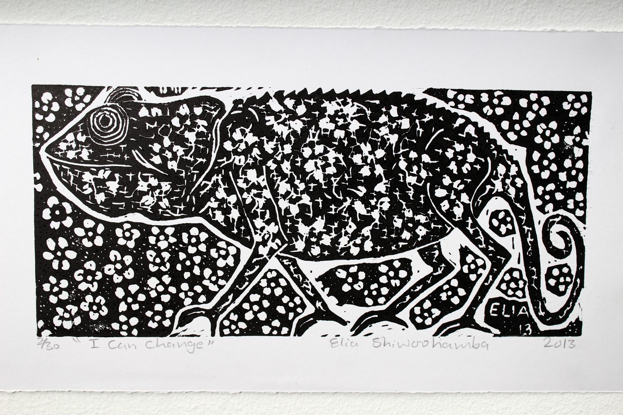 I can change, 2013. Linoleum block print on paper. Edition of 30. 

Elia Shiwoohamba was born in 1981 in Windhoek, Namibia. He graduated from the John Muafangejo Art Centre in Windhoek in 2006. Specialising in printmaking and sculpture, Shiwoohamba