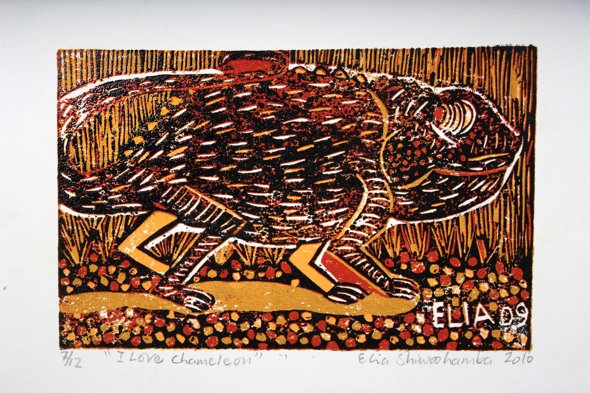 I love chameleon, Cardboard block prints on paper.

Elia Shiwoohamba was born in 1981 in Windhoek, Namibia. He graduated from the John Muafangejo Art Centre in Windhoek in 2006. Specialising in printmaking and sculpture, Shiwoohamba works as a