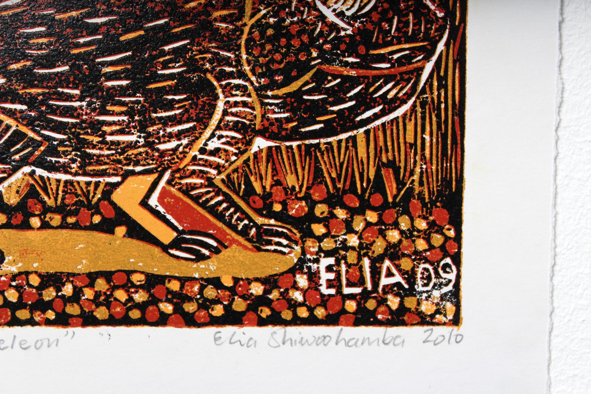I love chameleon, Elia Shiwoohamba, Cardboard block print For Sale 1