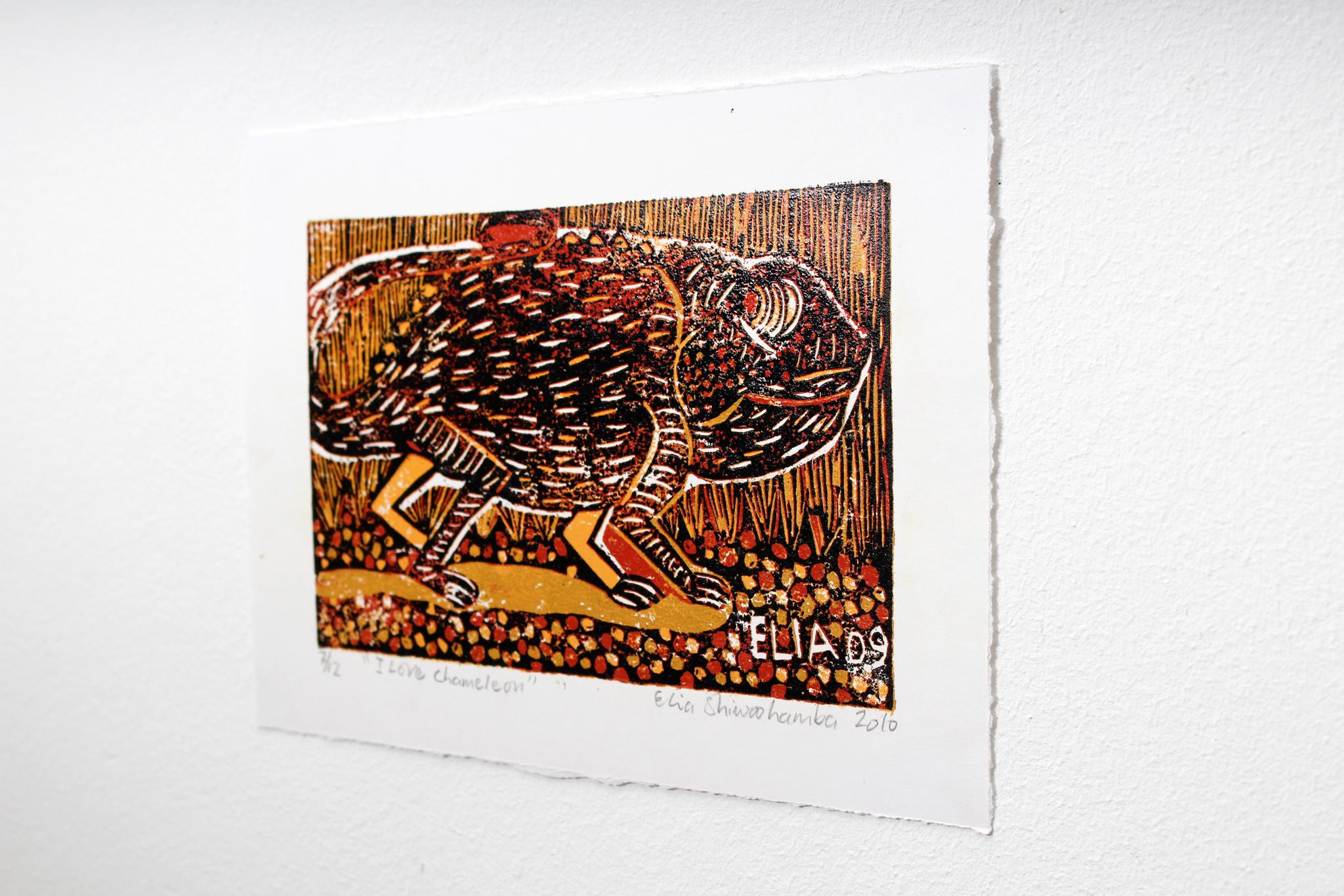 I love chameleon, Elia Shiwoohamba, Cardboard block print For Sale 2