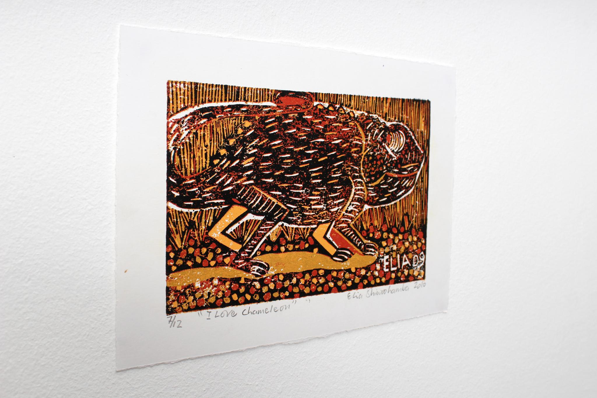 I love chameleon, Elia Shiwoohamba, Cardboard block print For Sale 3