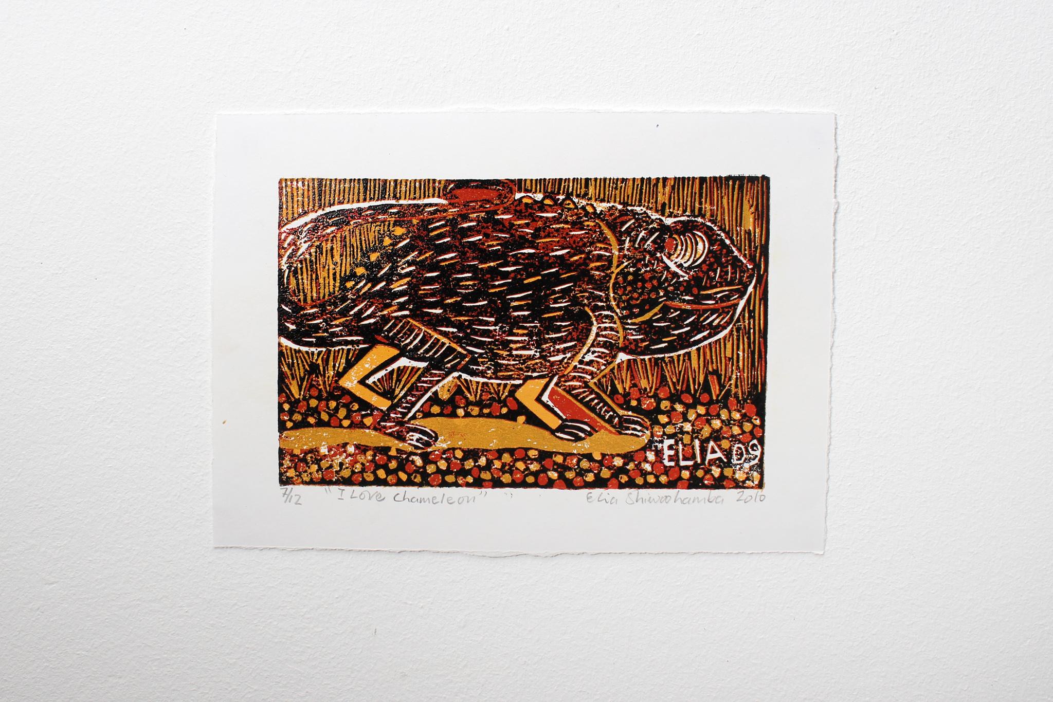 I love chameleon, Elia Shiwoohamba, Cardboard block print