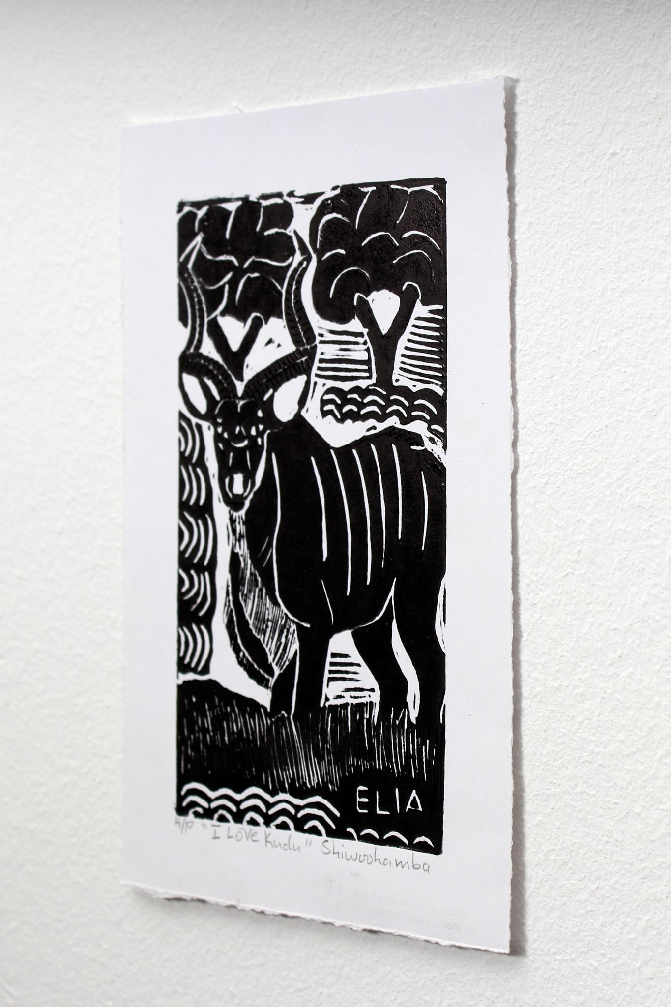 I love kudu, Linoleum block prints on paper.

Elia Shiwoohamba was born in 1981 in Windhoek, Namibia. He graduated from the John Muafangejo Art Centre in Windhoek in 2006. Specialising in printmaking and sculpture, Shiwoohamba works as a