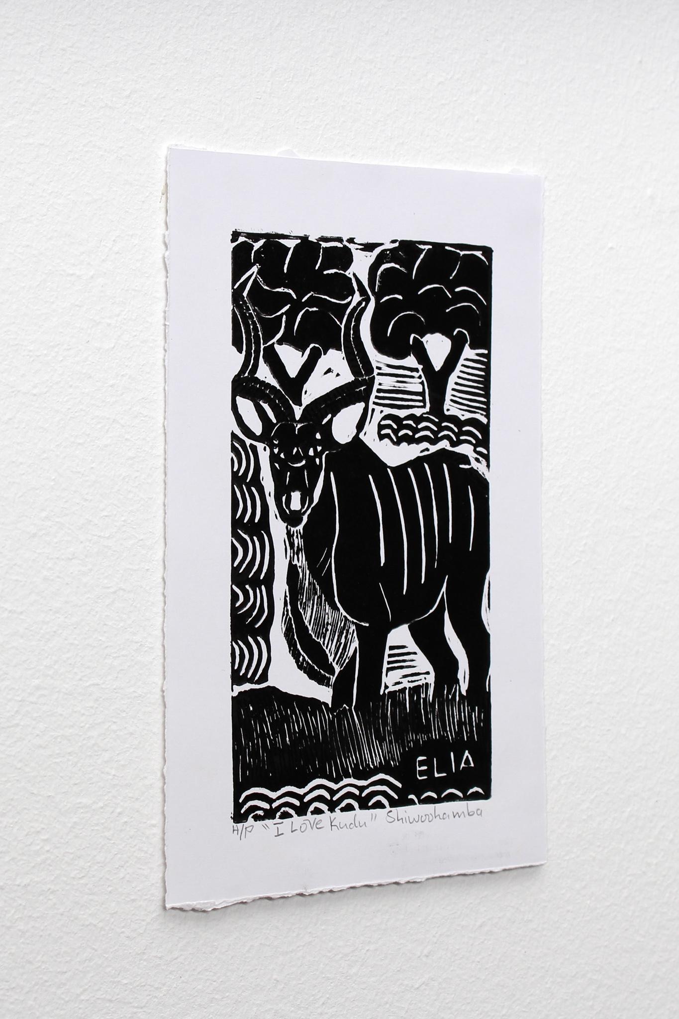 I love kudu, Elia Shiwoohamba, Linoleum block print For Sale 1