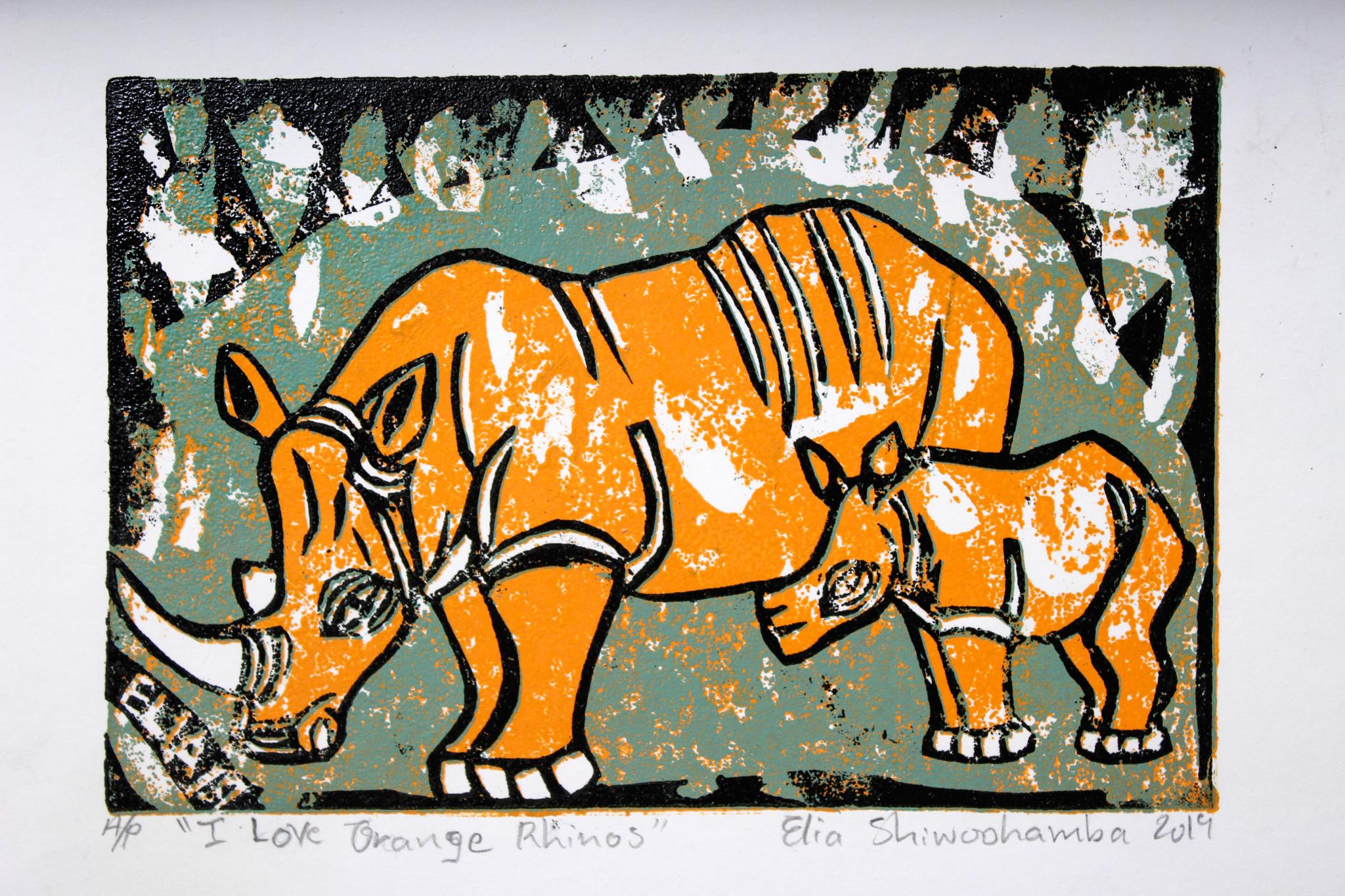 I love orange rhino, 2019. Cardboard print on paper. Unlimited Edition

Elia Shiwoohamba was born in 1981 in Windhoek, Namibia. He graduated from the John Muafangejo Art Centre in Windhoek in 2006. Specialising in printmaking and sculpture,