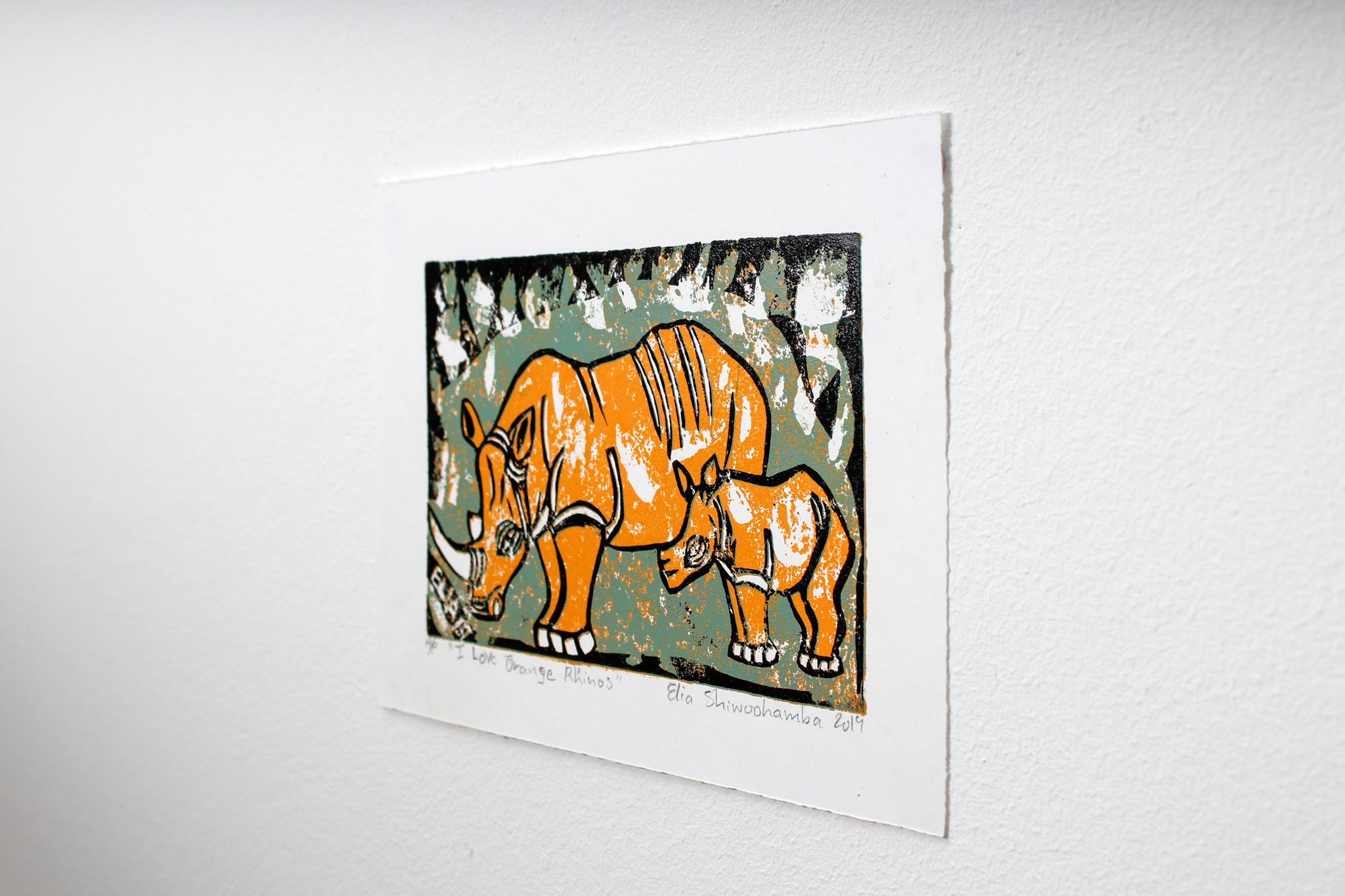 I love orange rhino, Elia Shiwoohamba, Cardboard block print on paper For Sale 1