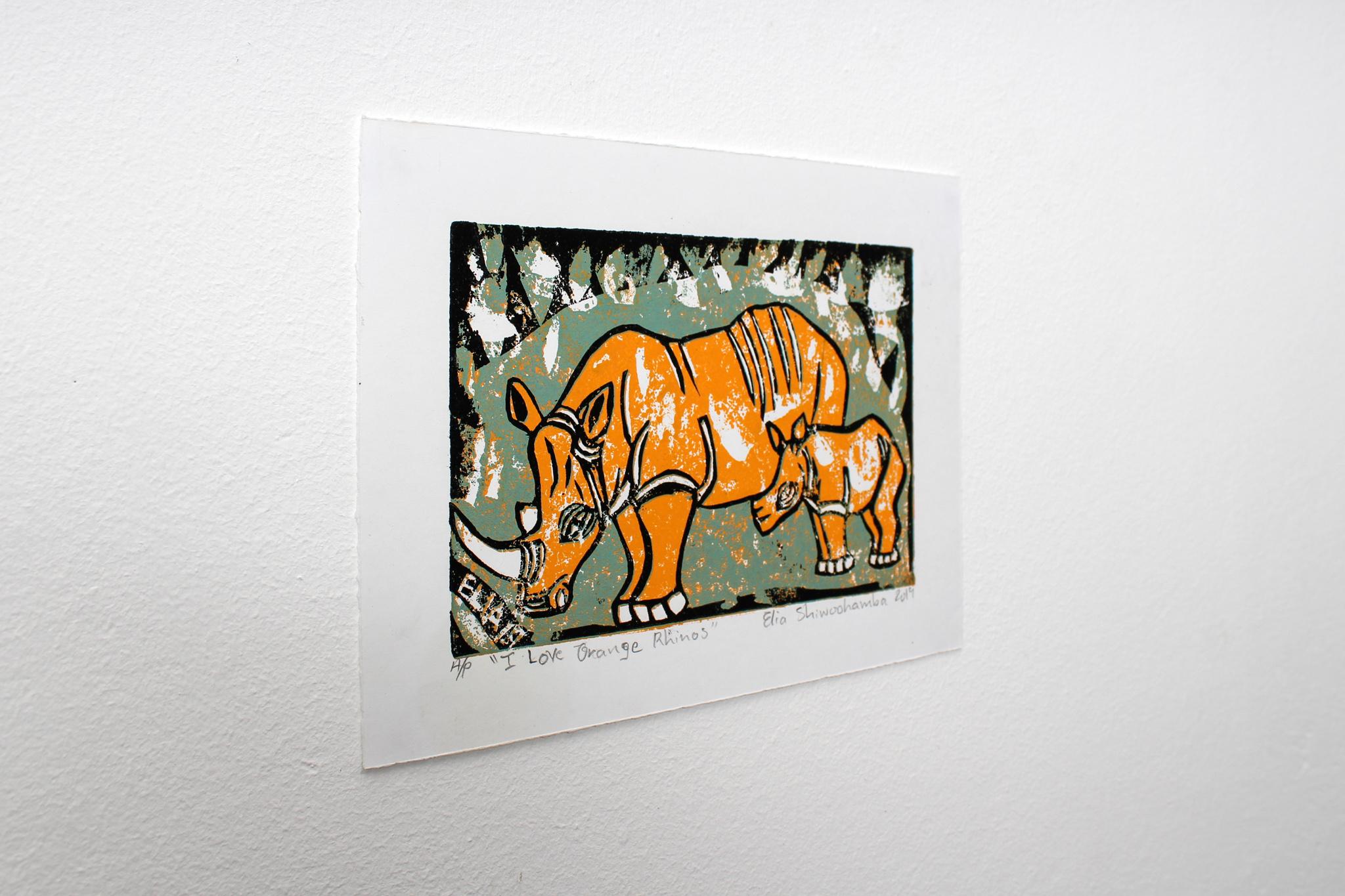 I love orange rhino, Elia Shiwoohamba, Cardboard block print on paper For Sale 2