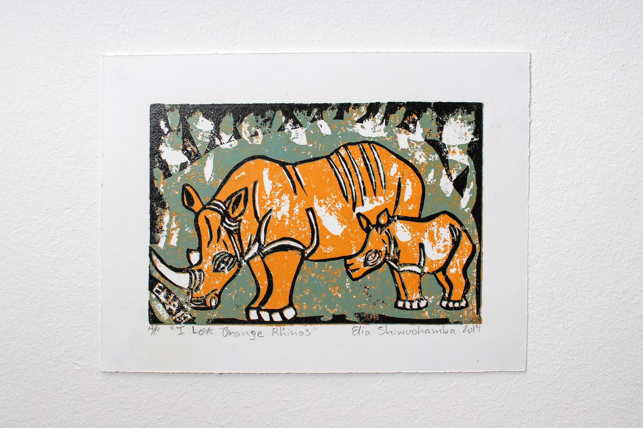 I love orange rhino, Elia Shiwoohamba, Cardboard block print on paper For Sale 3