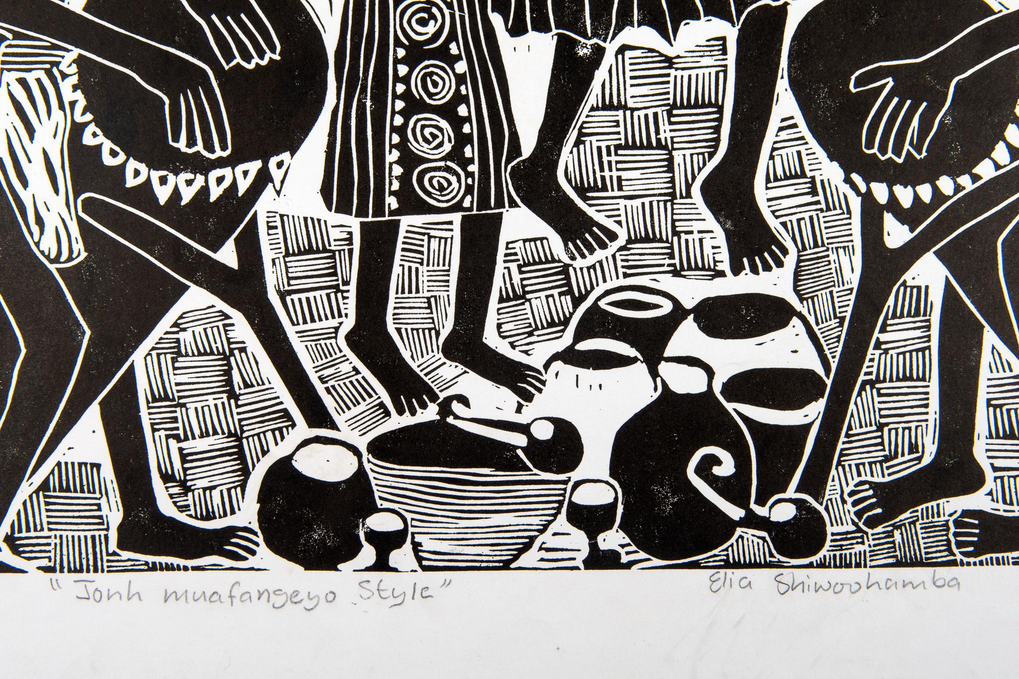 Impression de blocs de linoléum sur papier de style John Muafangejo, Elia Shiwoohamba en vente 1