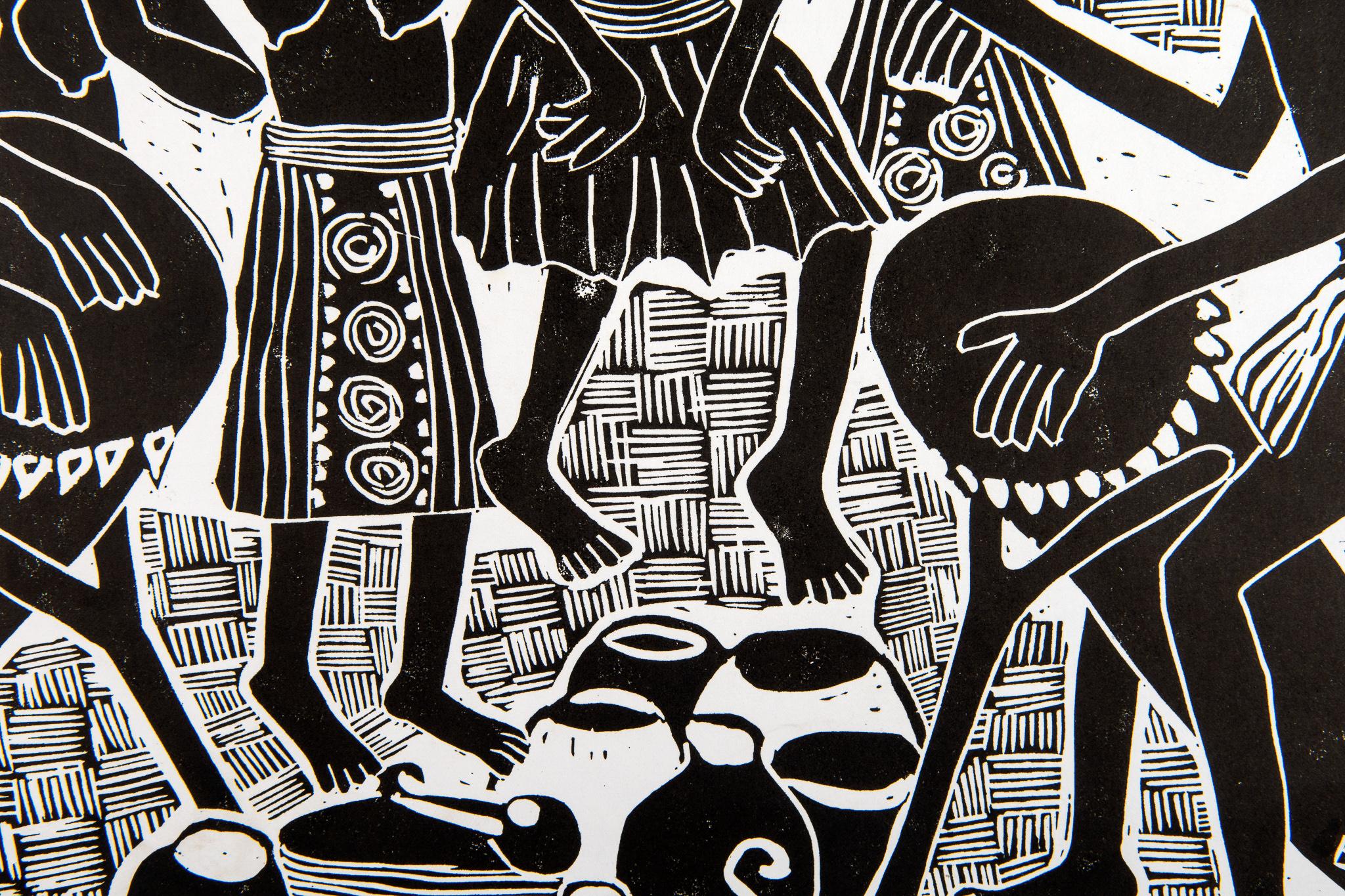 Impression de blocs de linoléum sur papier de style John Muafangejo, Elia Shiwoohamba en vente 2