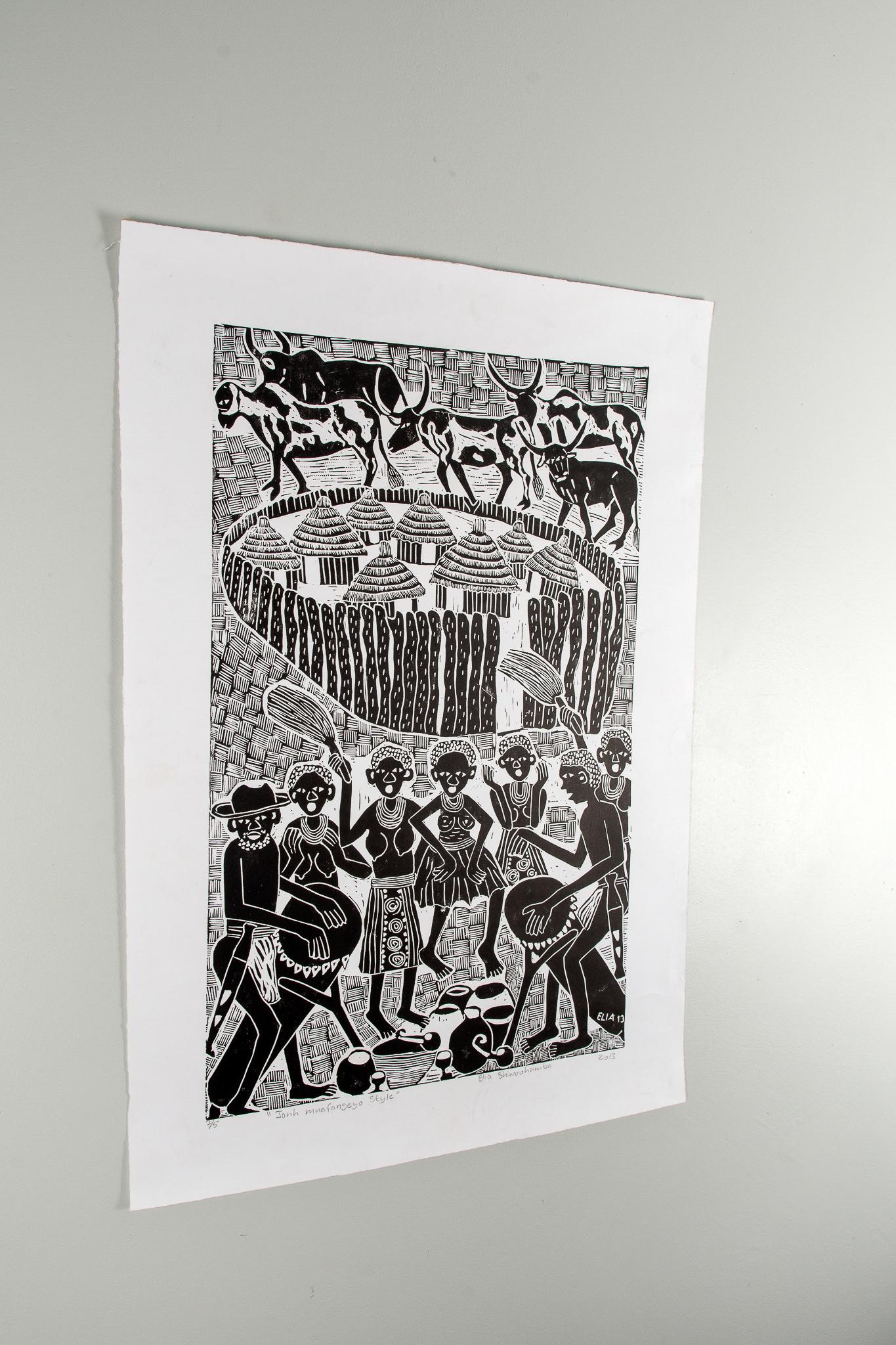 John Muafangejo Style, Elia Shiwoohamba, Linoleum block print on paper For Sale 2