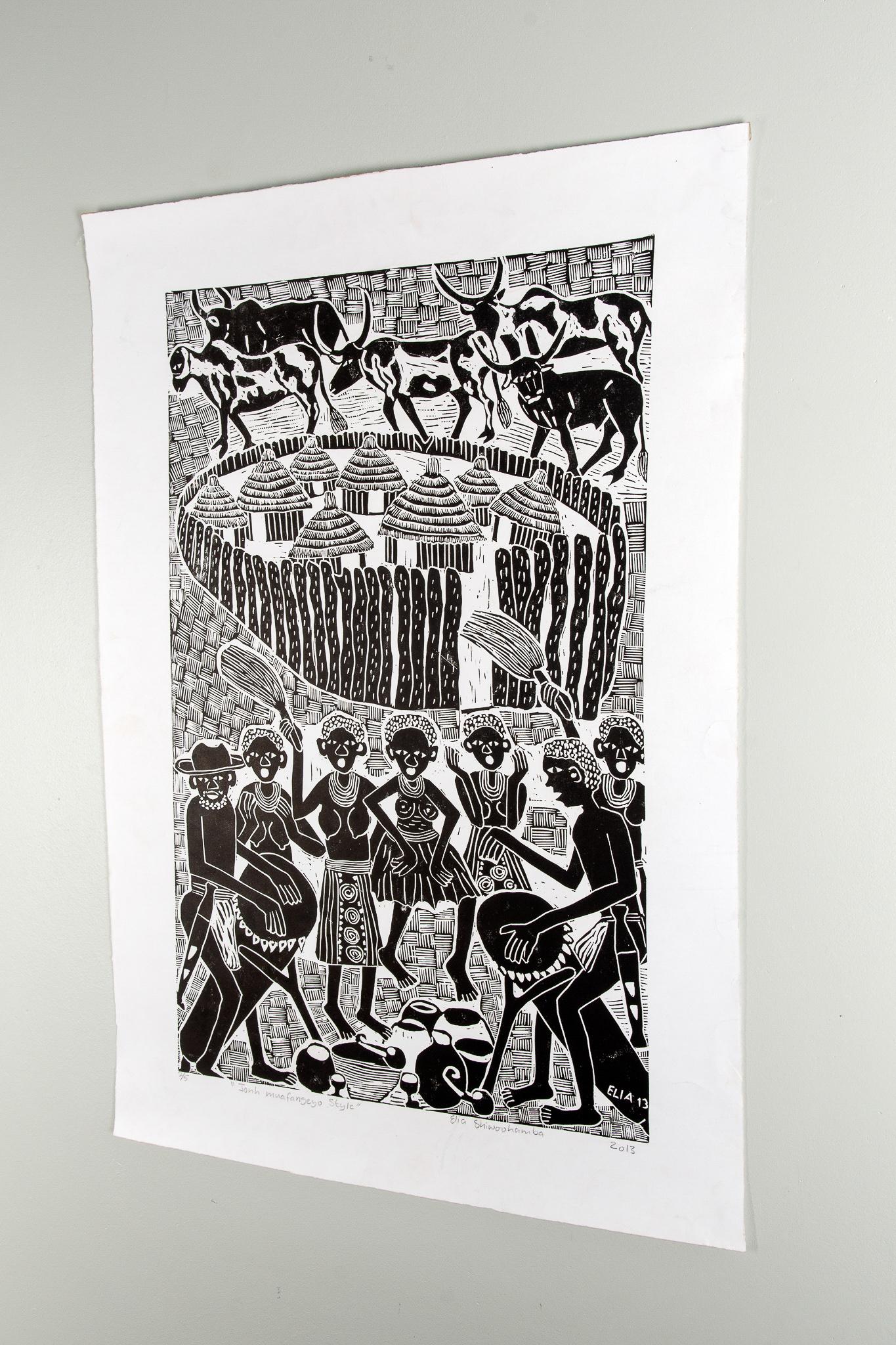 John Muafangejo Style, Elia Shiwoohamba, Linoleum block print on paper For Sale 3