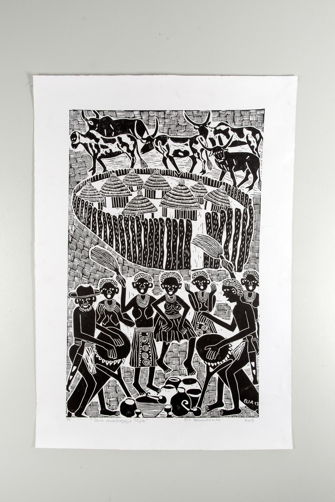 John Muafangejo-Stil, Elia Shiwoohamba, Linoleum-Blumendruck auf Papier