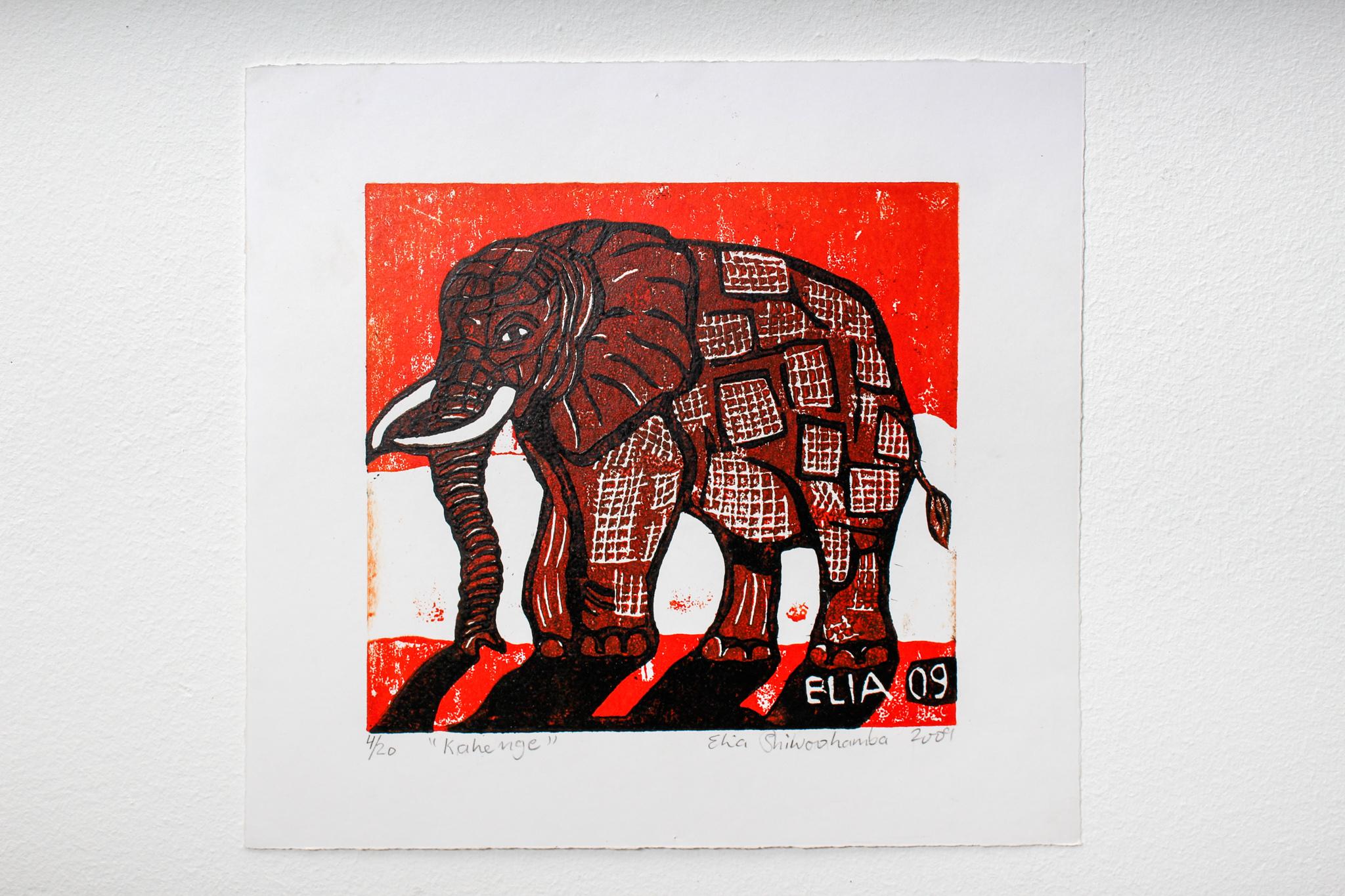 Kahenge, Elia Shiwoohamba, Cardboard block print on paper