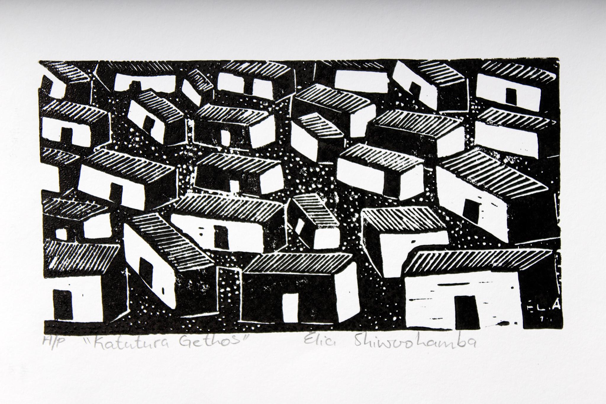Katutura ghettos, Elia Shiwoohamba, Linoleum block print For Sale 1