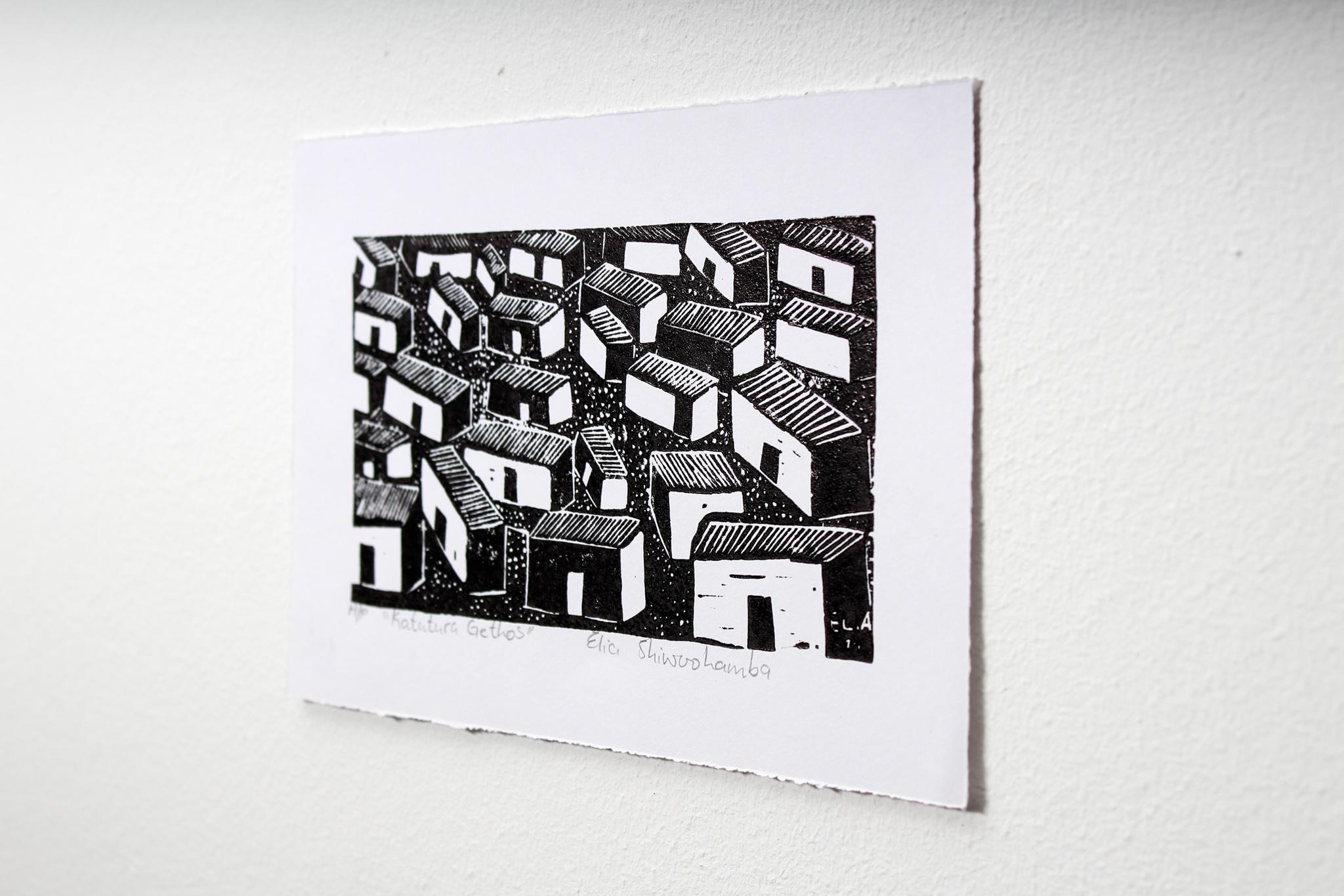 Katutura ghettos, Elia Shiwoohamba, Linoleum block print For Sale 2