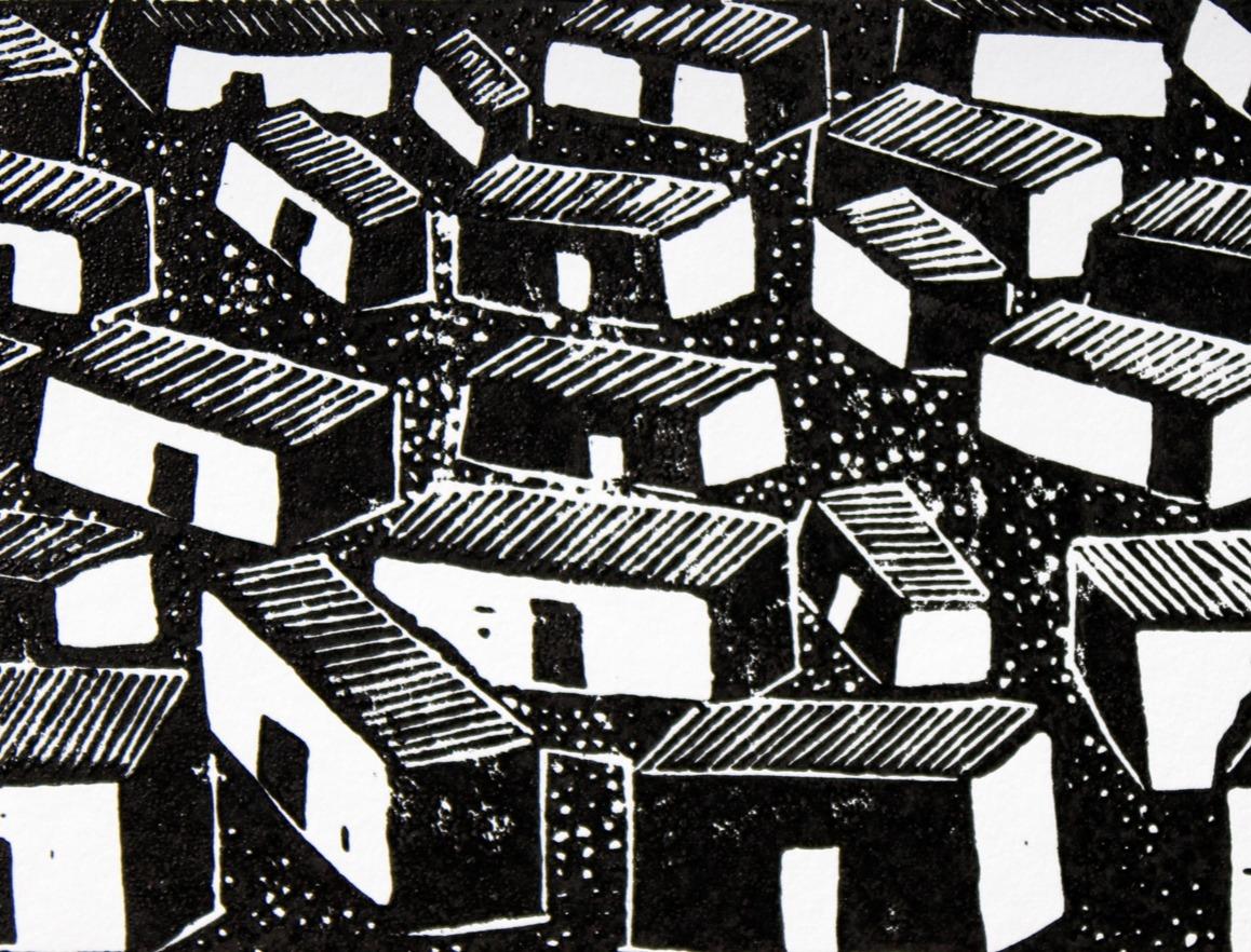 Katutura ghettos, Elia Shiwoohamba, Linoleum block print For Sale 4