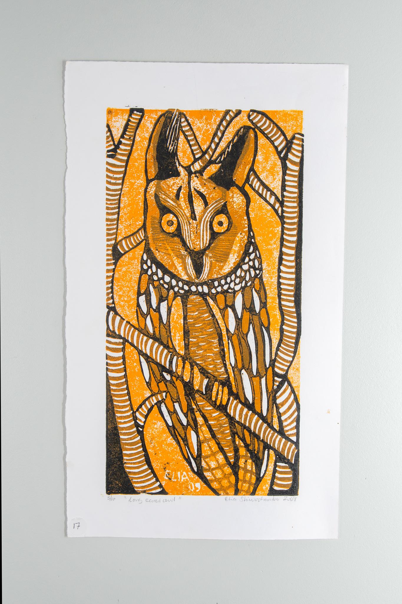 Long Eared Owl, Elia Shiwoohamba, Kartondruck auf Papier
