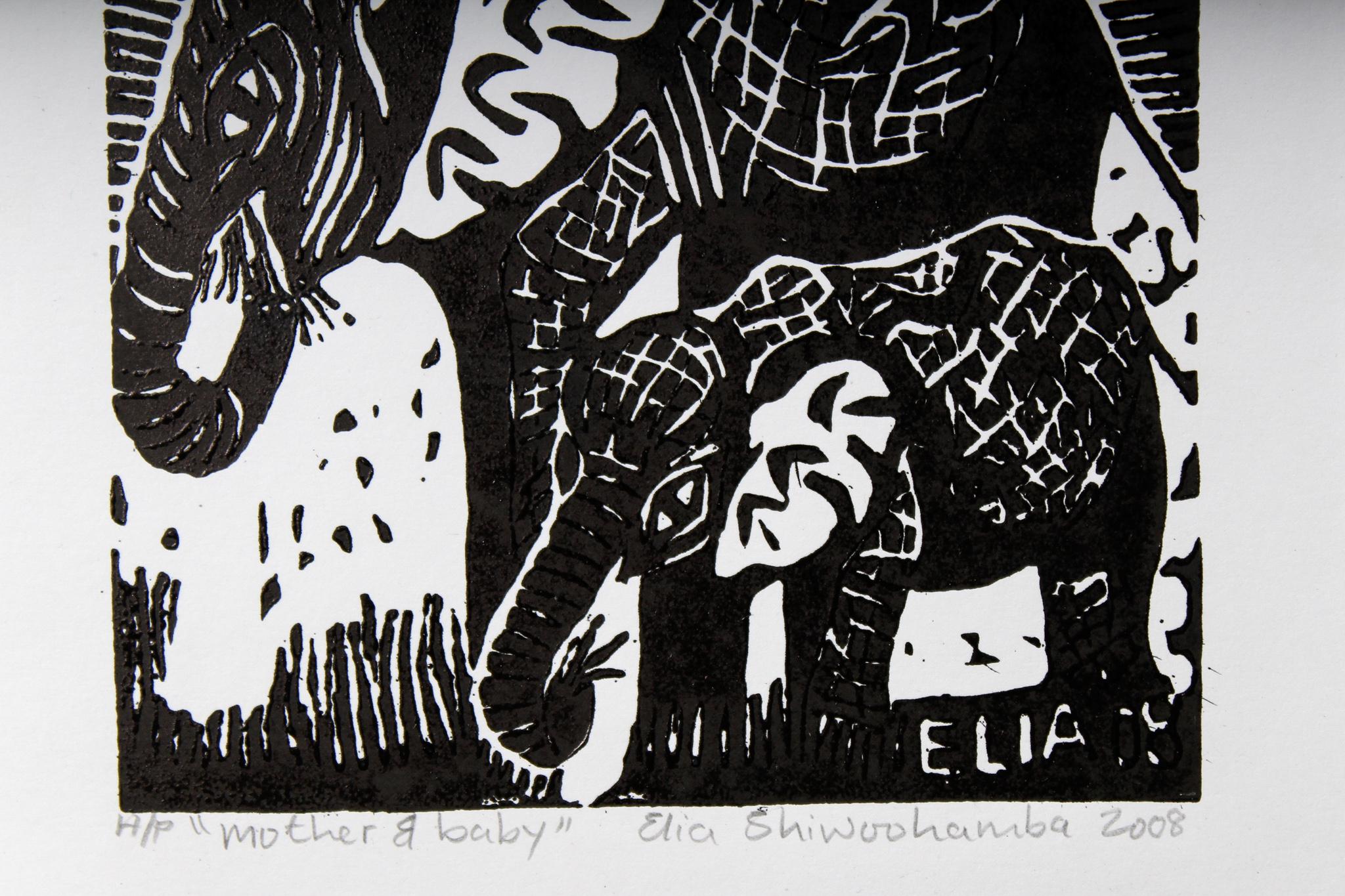 Mutter und Baby, Elia Shiwoohamba, Linoleum-Blumendruck im Angebot 1
